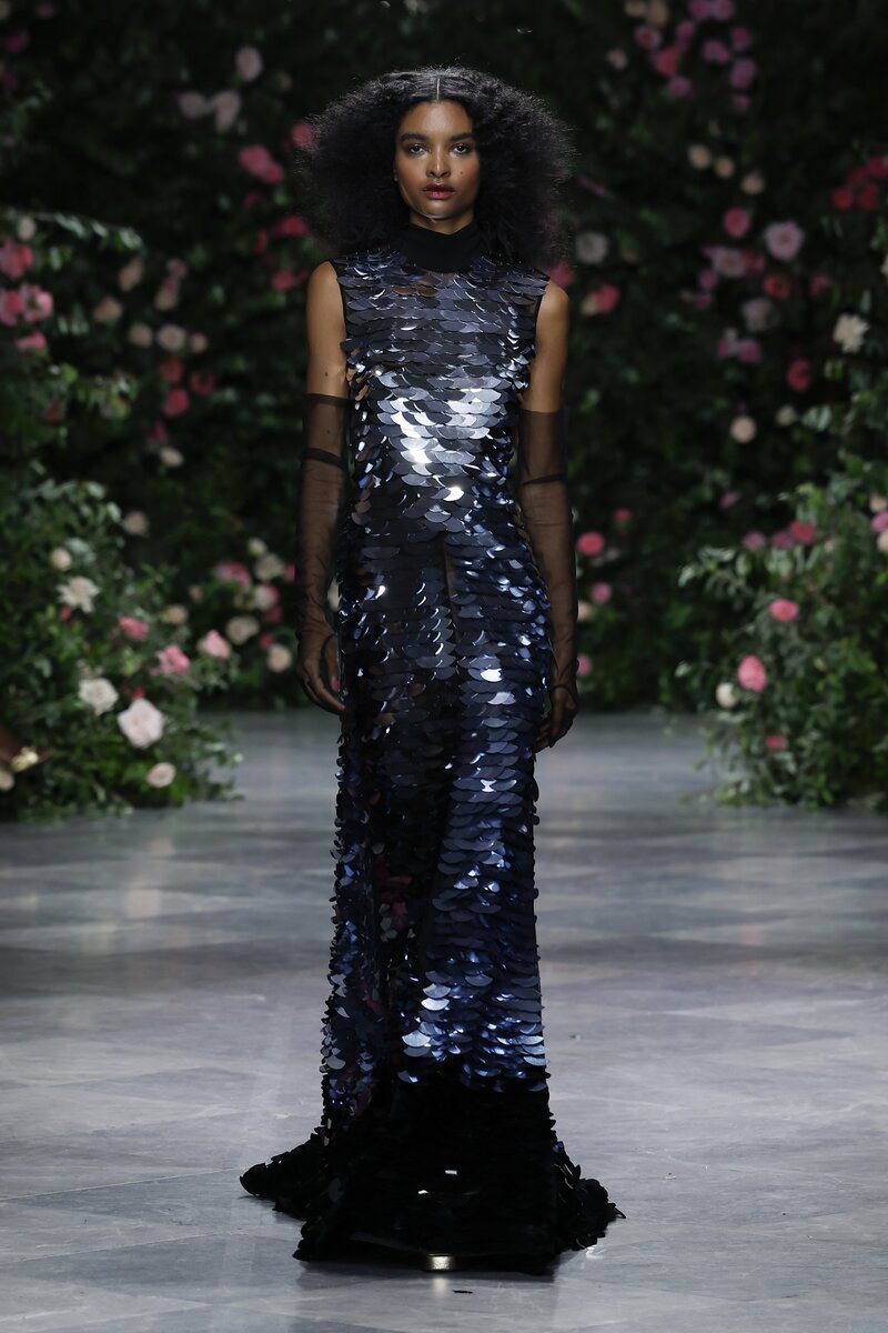 Silver To Onyx Wave Embroidered Tulle Gown 1