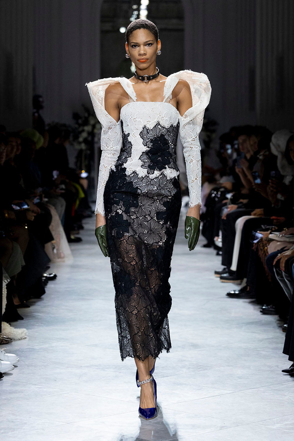 Strapless Onyx And Ivory Lace Cocktail Dress With Draped Sleeves