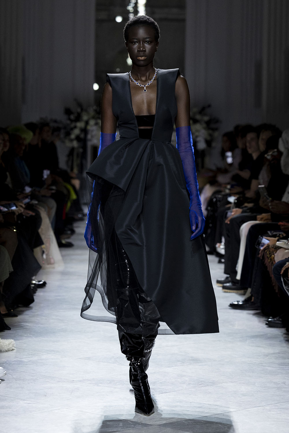 Onyx Faille and Velvet Cocktail Dress with Cloche Skirt