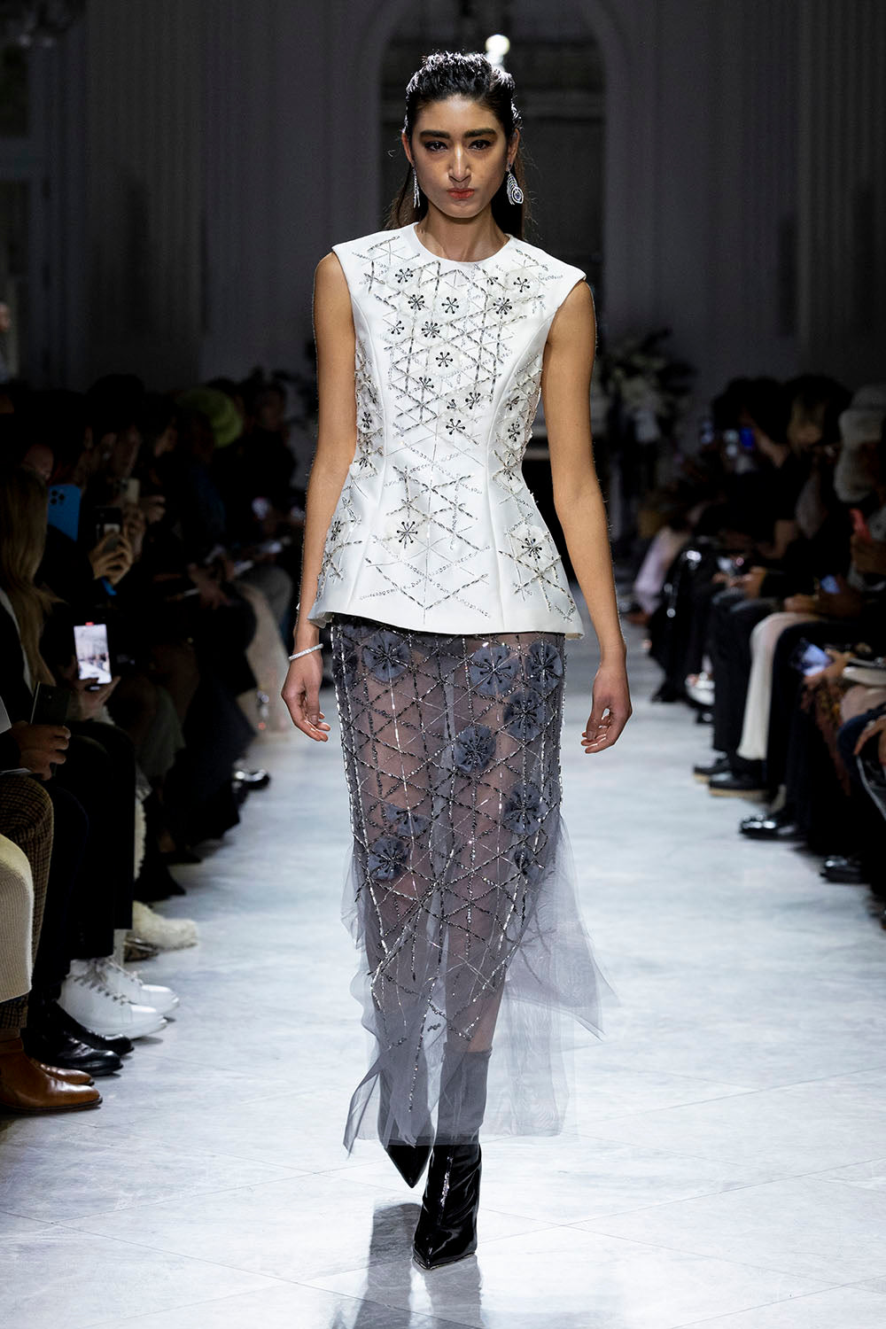 Crystal Lattice Embroidery Tulle Skirt with Side Slits