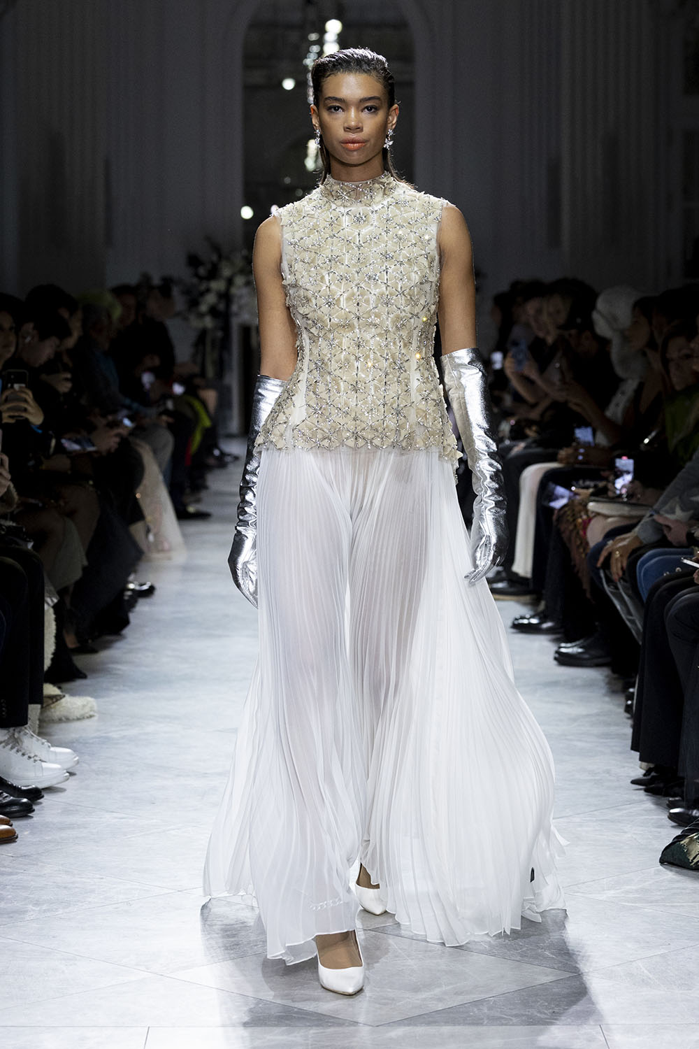Crystal Lattice Embroidered Tulle Top with Ivory Gazaar and Pleated Chiffon Gown