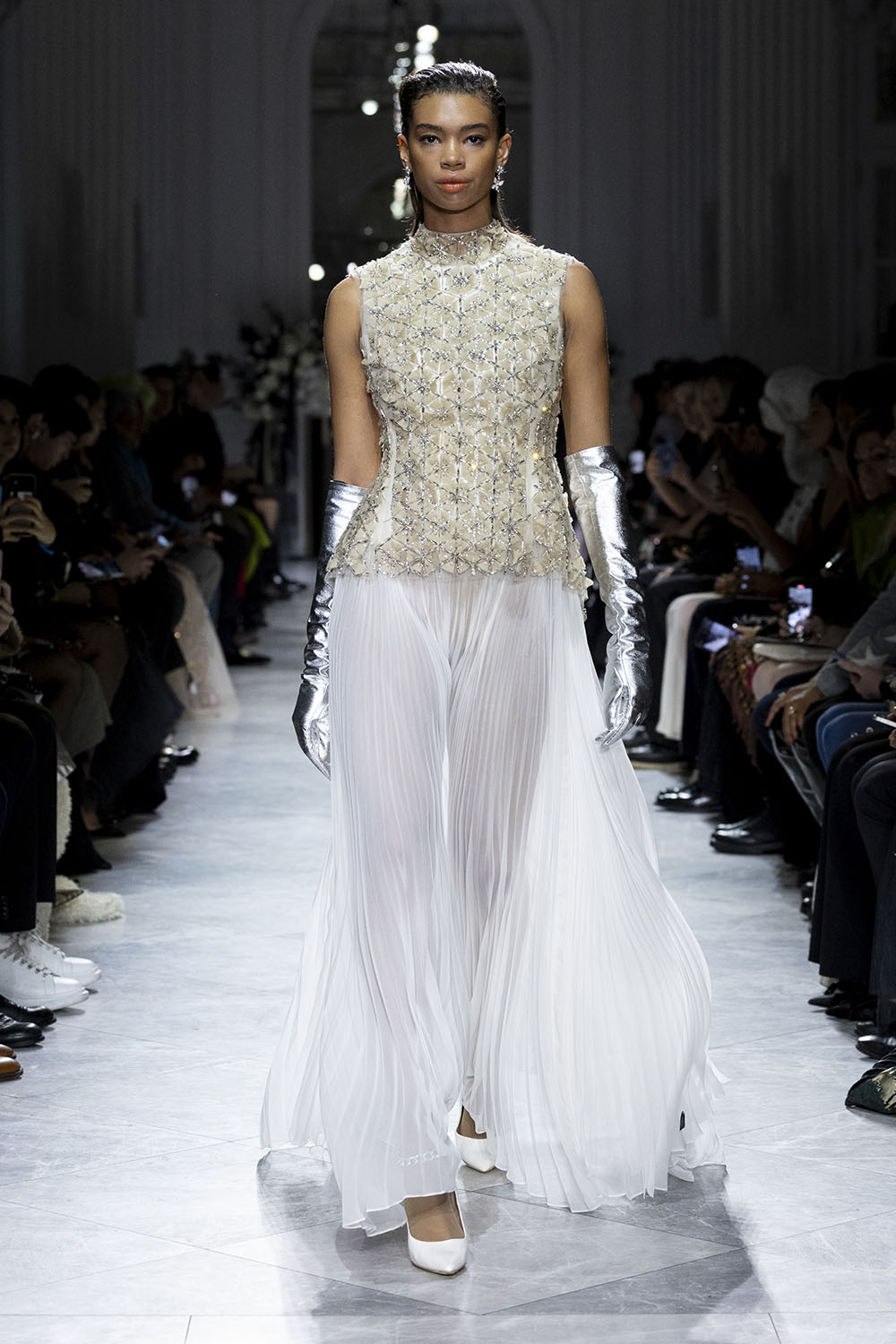Crystal Lattice Embroidered Tulle Top with Ivory Gazaar and Pleated Chiffon Gown