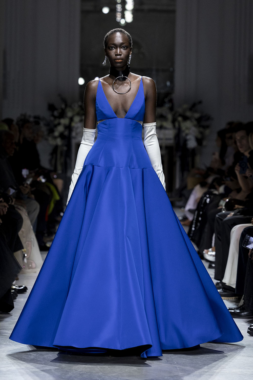 Yves Blue Faille Ball Gown With Sheer Inserts