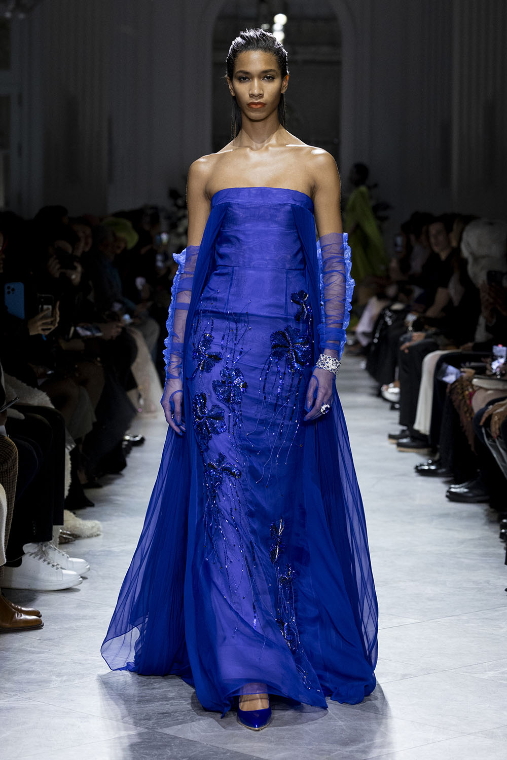 Yves Blue Organza and Chiffon Strapless Gown With Sapphire Fleur Embroidery