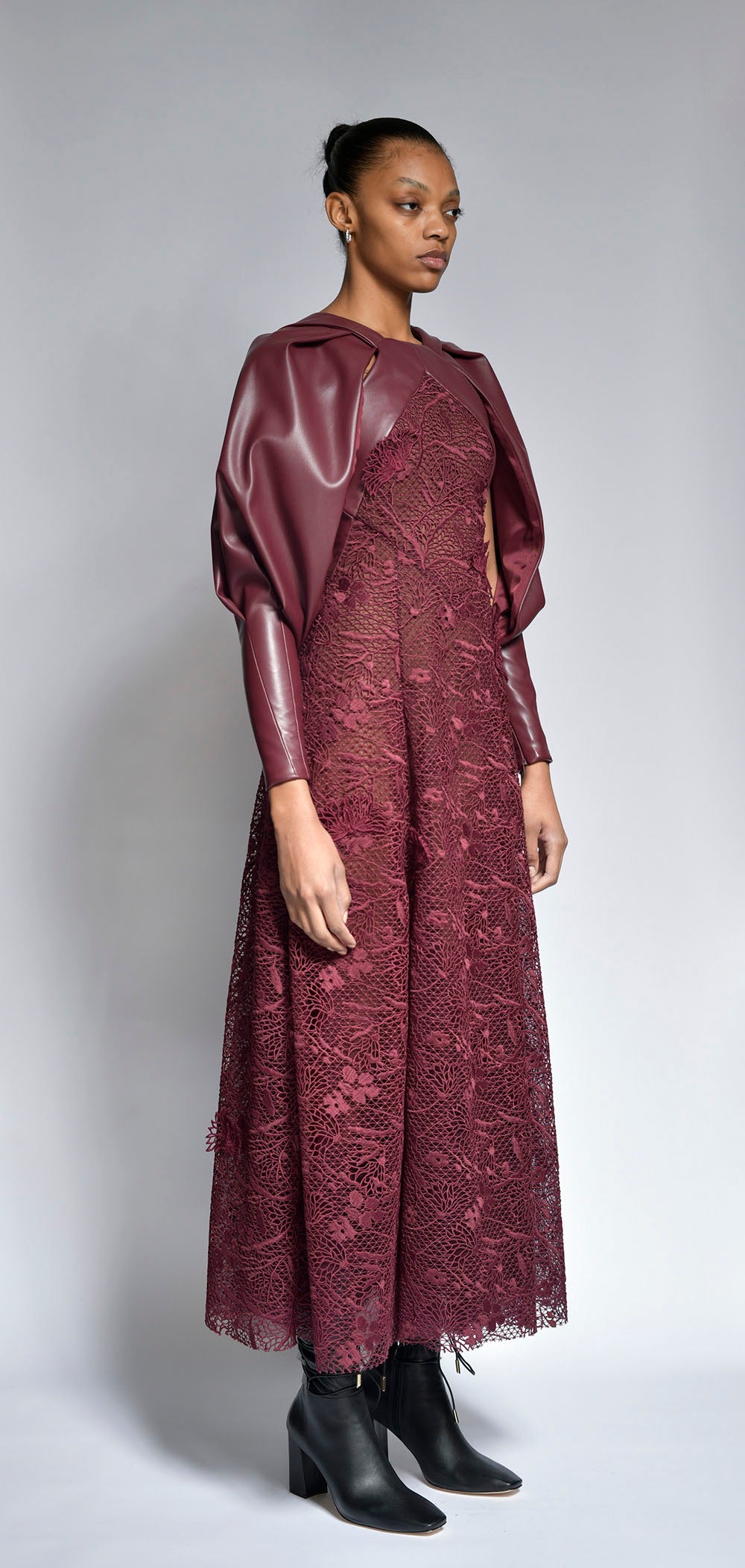 Claret Vegan Leather and Lace Dress with Draped Sleeves