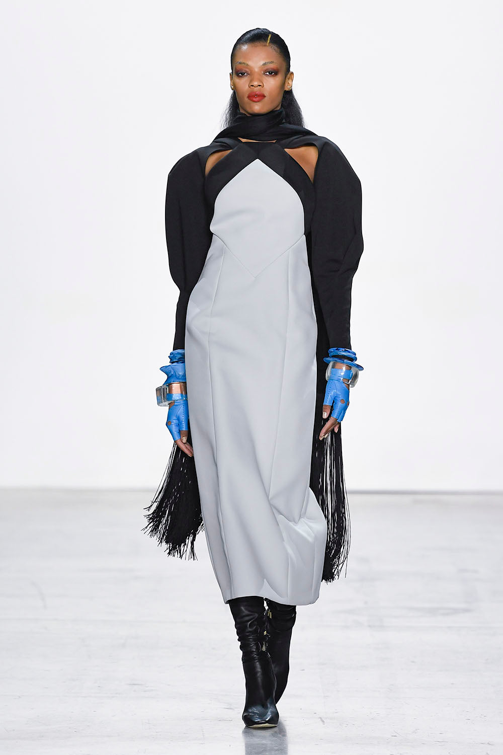 Cloud Cady Dress with Black Cady Draped Sleeves