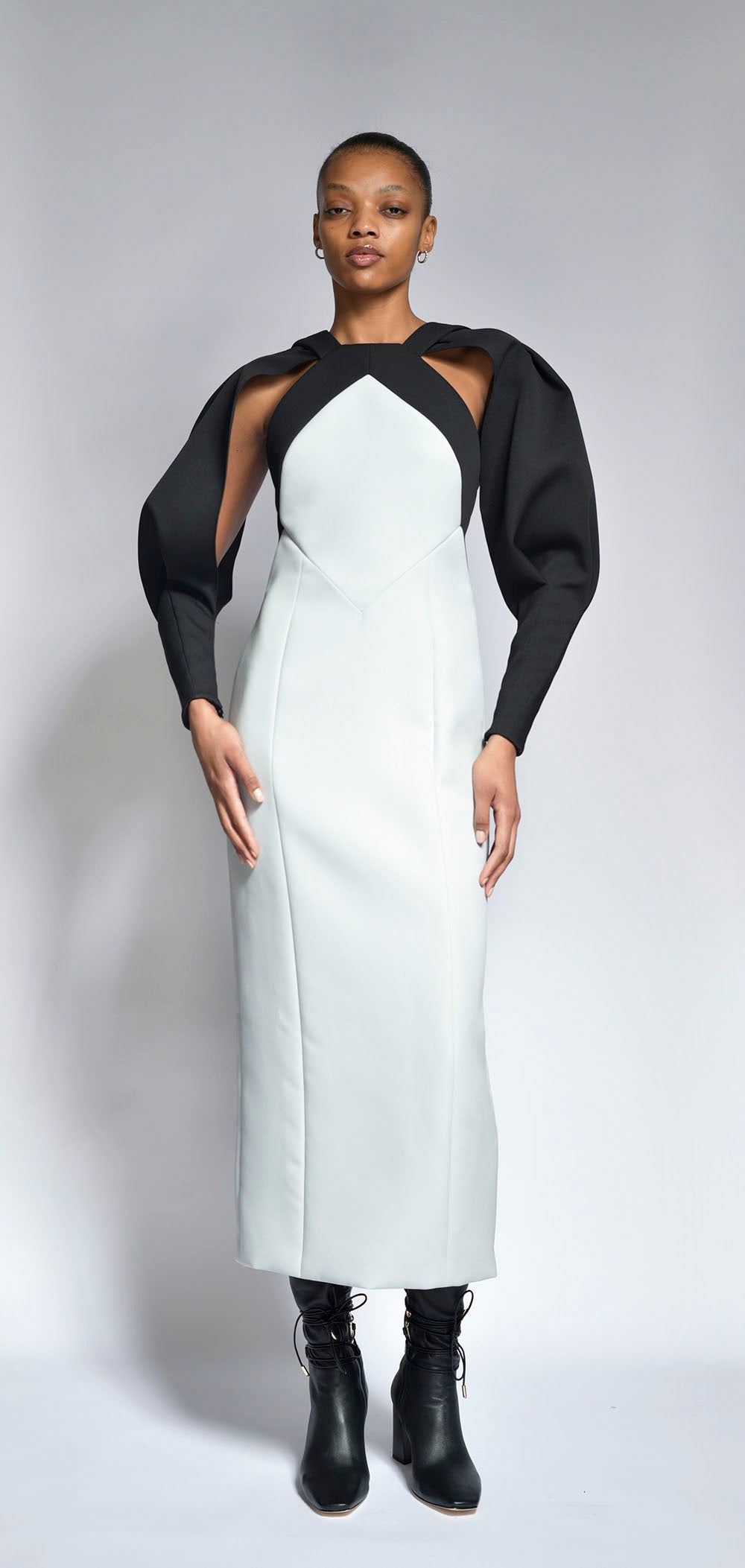 Cloud Cady Dress with Black Cady Draped Sleeves