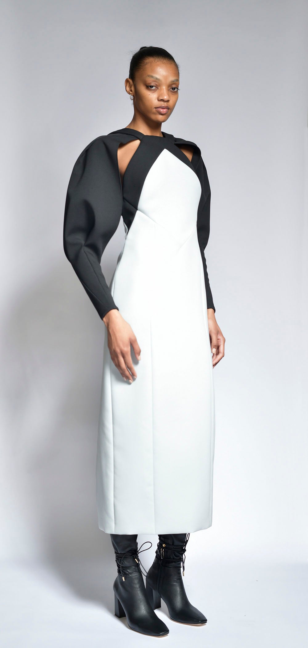 Cloud Cady Dress with Black Cady Draped Sleeves