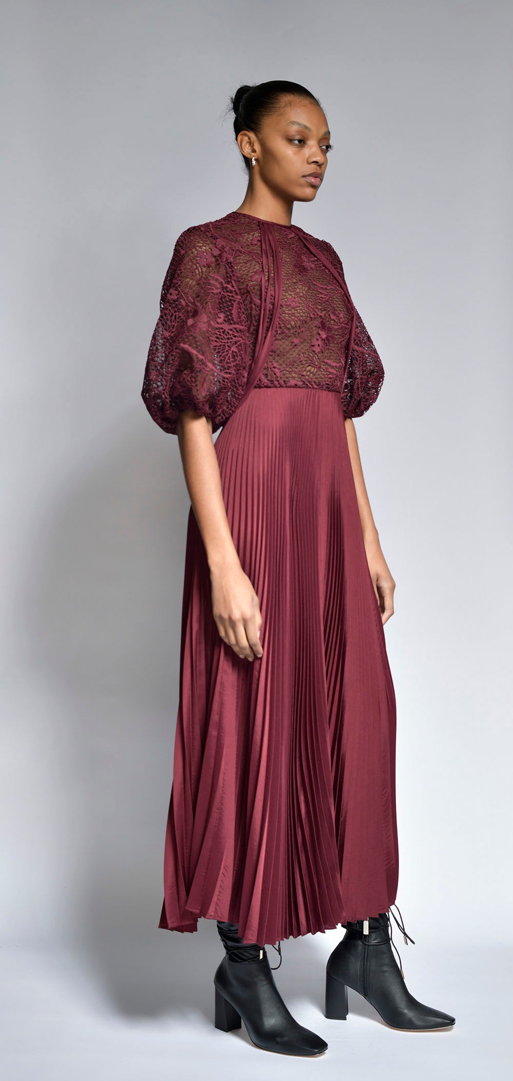 Claret Cluny Dress with Pleated Twill Skirt