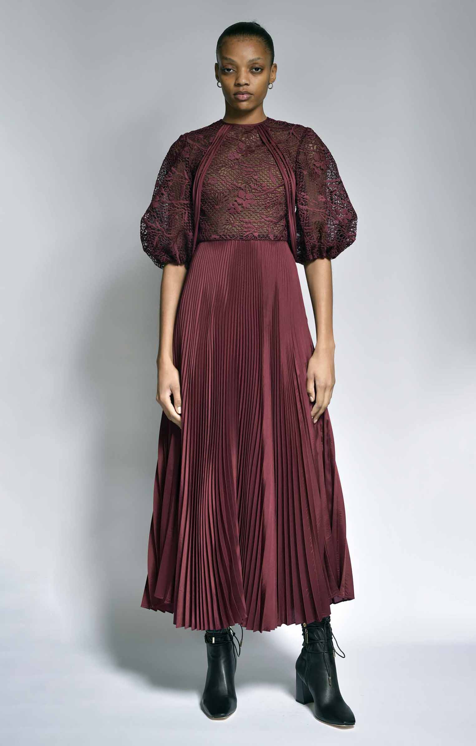 Claret Cluny Dress with Pleated Twill Skirt Claret Cluny Dress with Pleated Twill Skirt