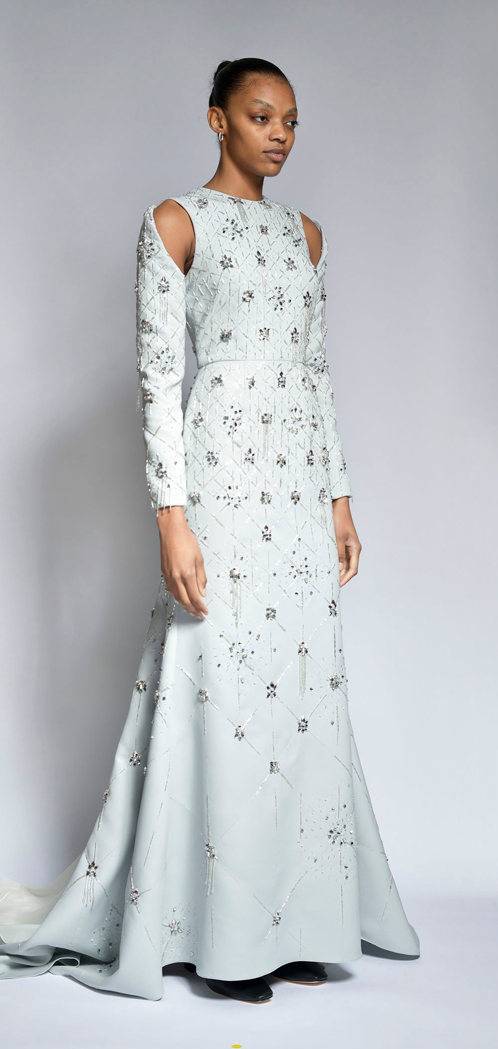 Cloud Cady Lattice Crystal Embroidery Gown with Silk Chiffon Skirt