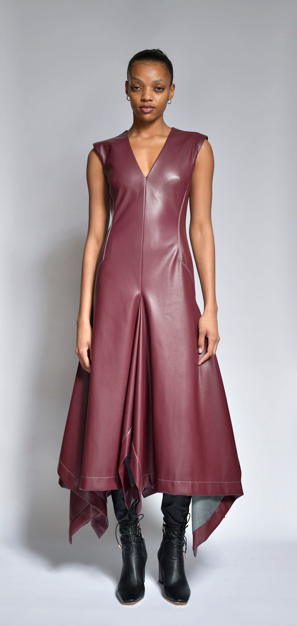 Claret Vegan Leather Dress with Handkerchief Hem