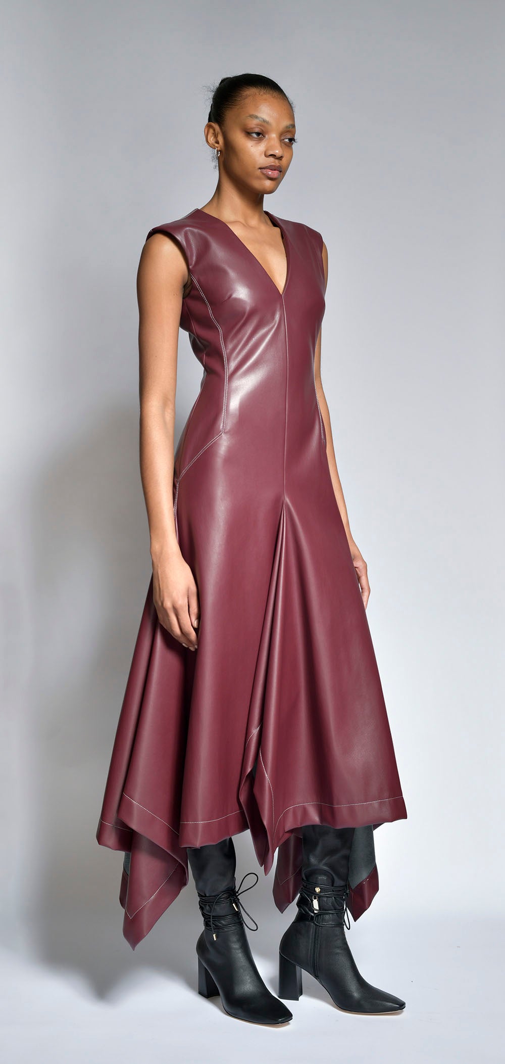 Claret Vegan Leather Dress with Handkerchief Hem