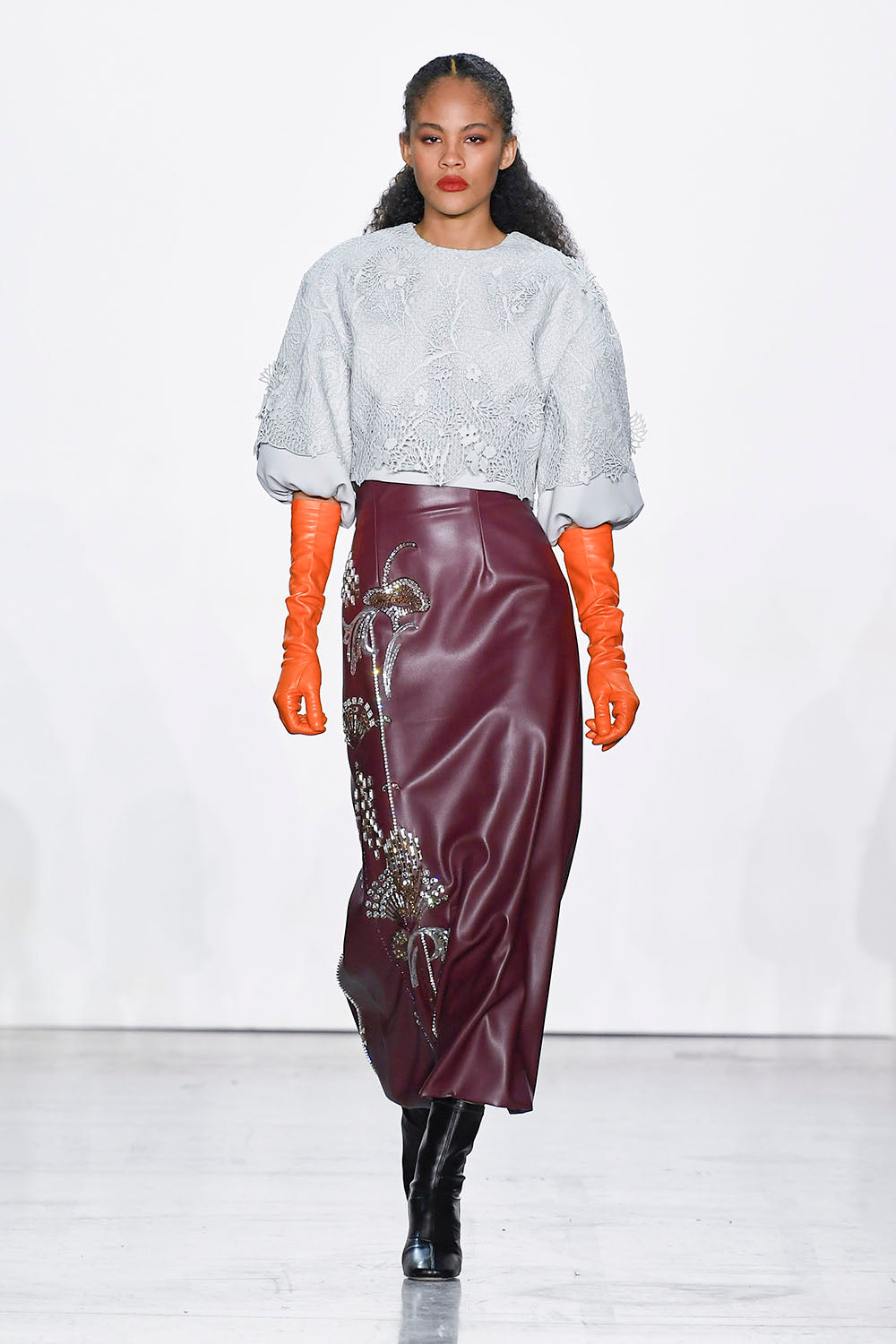 Claret Vegan Leather Deco Petal Embroidered Skirt
