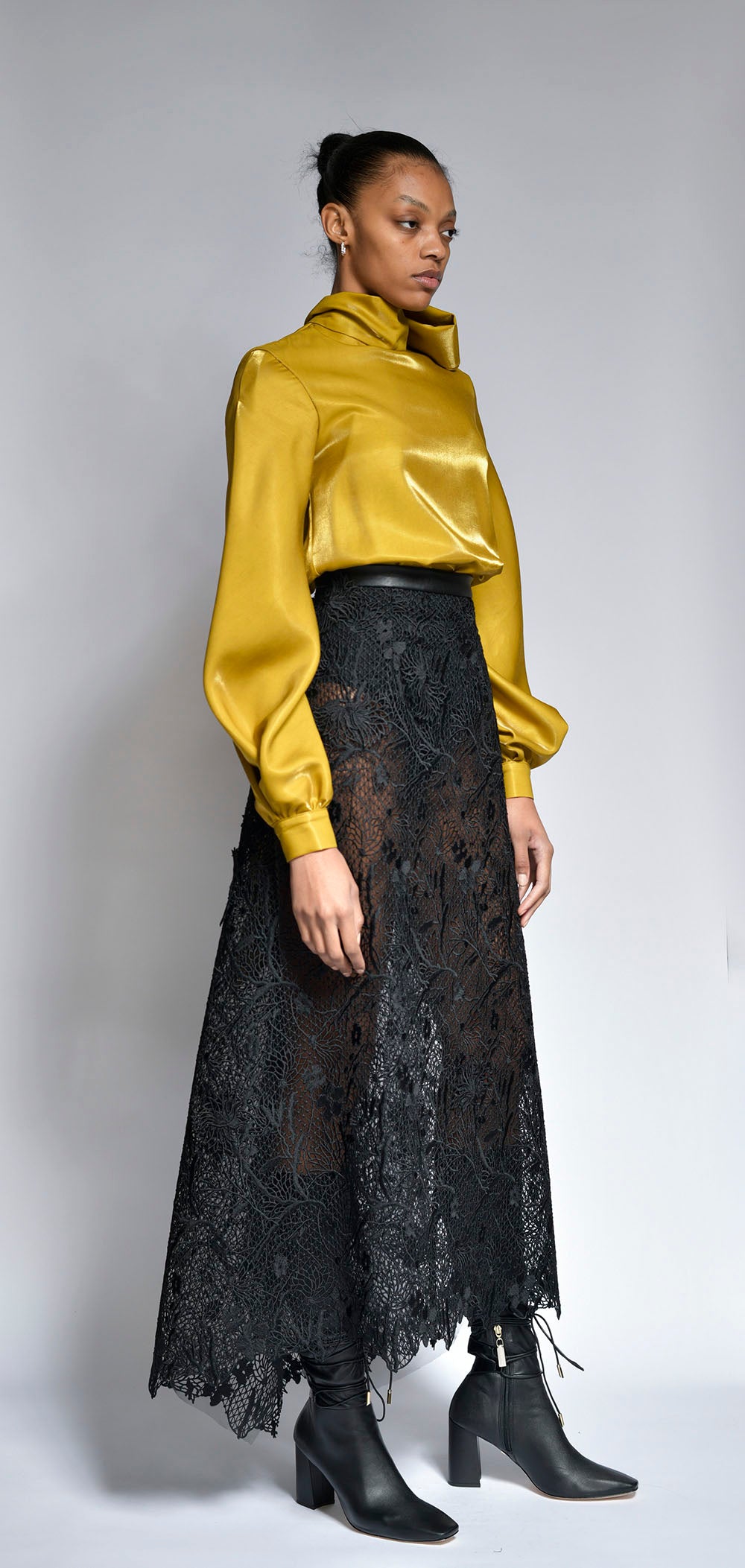 Chartreuse Metal Twill Pussy Bow Blouse