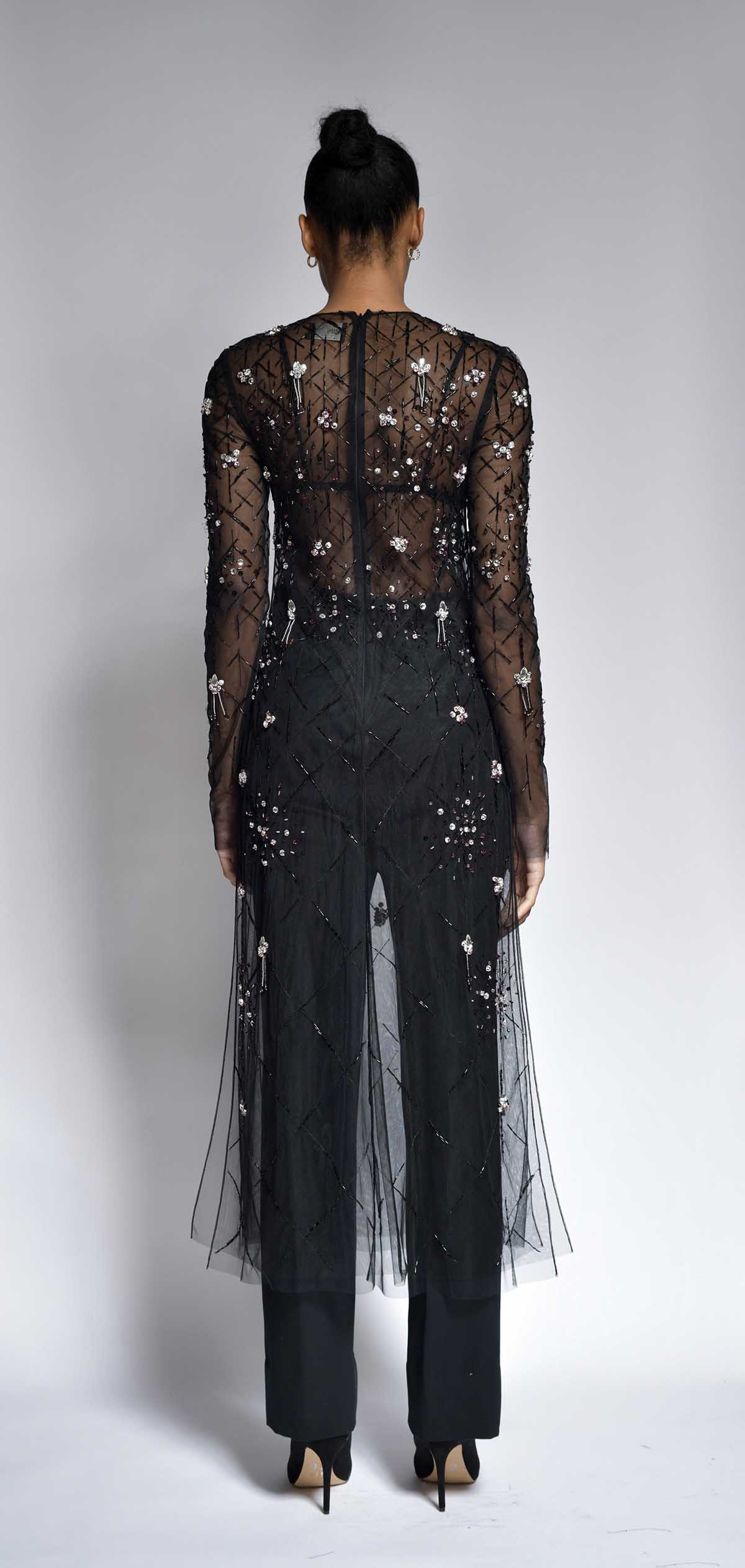 Onyx Crystal Lattice Embroidered Tulle Tunic Dress