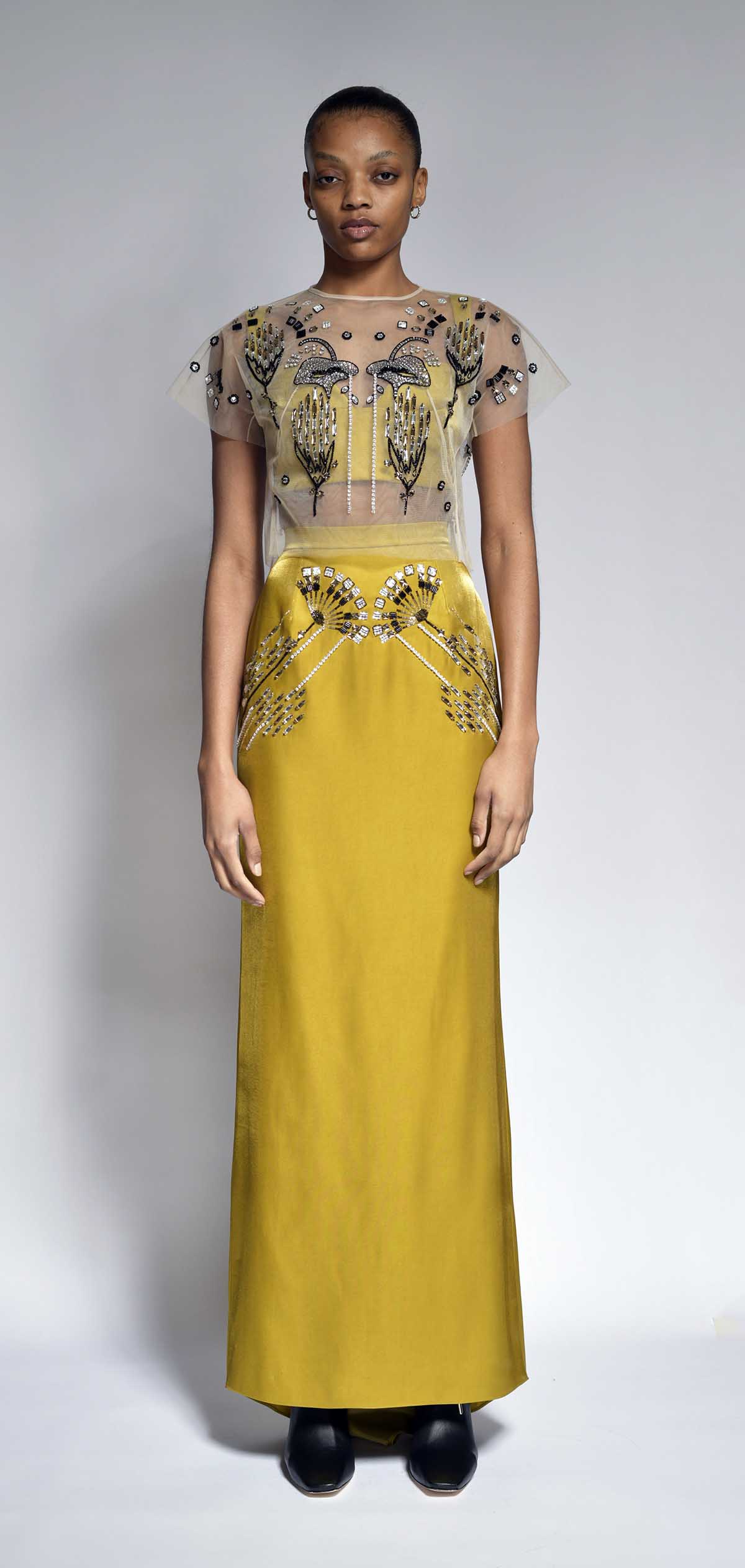 Petal Embroidery Chartreuse Twill Metal Evening Skirt