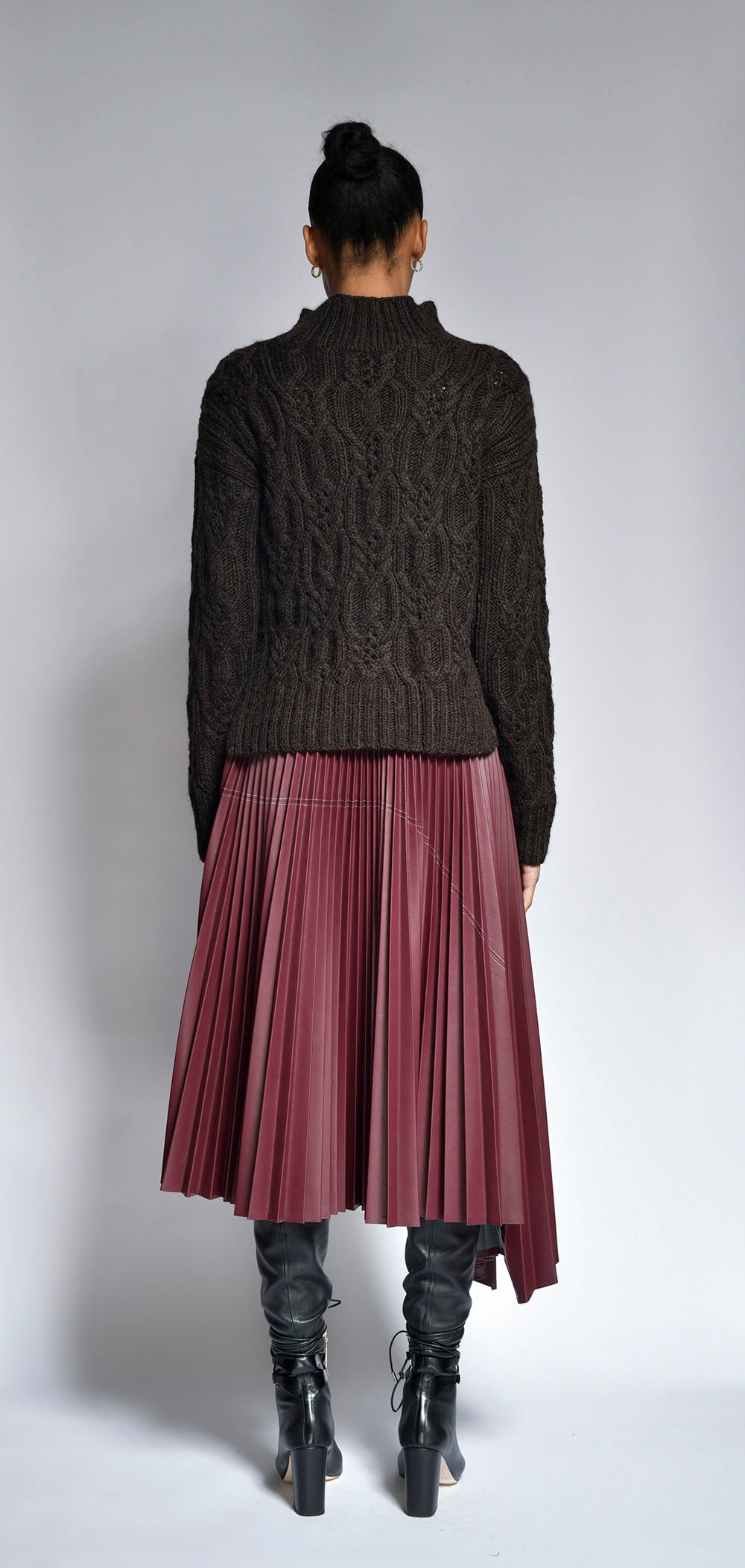 Claret Vegan Leather Pleated Asymmetrical Skirt