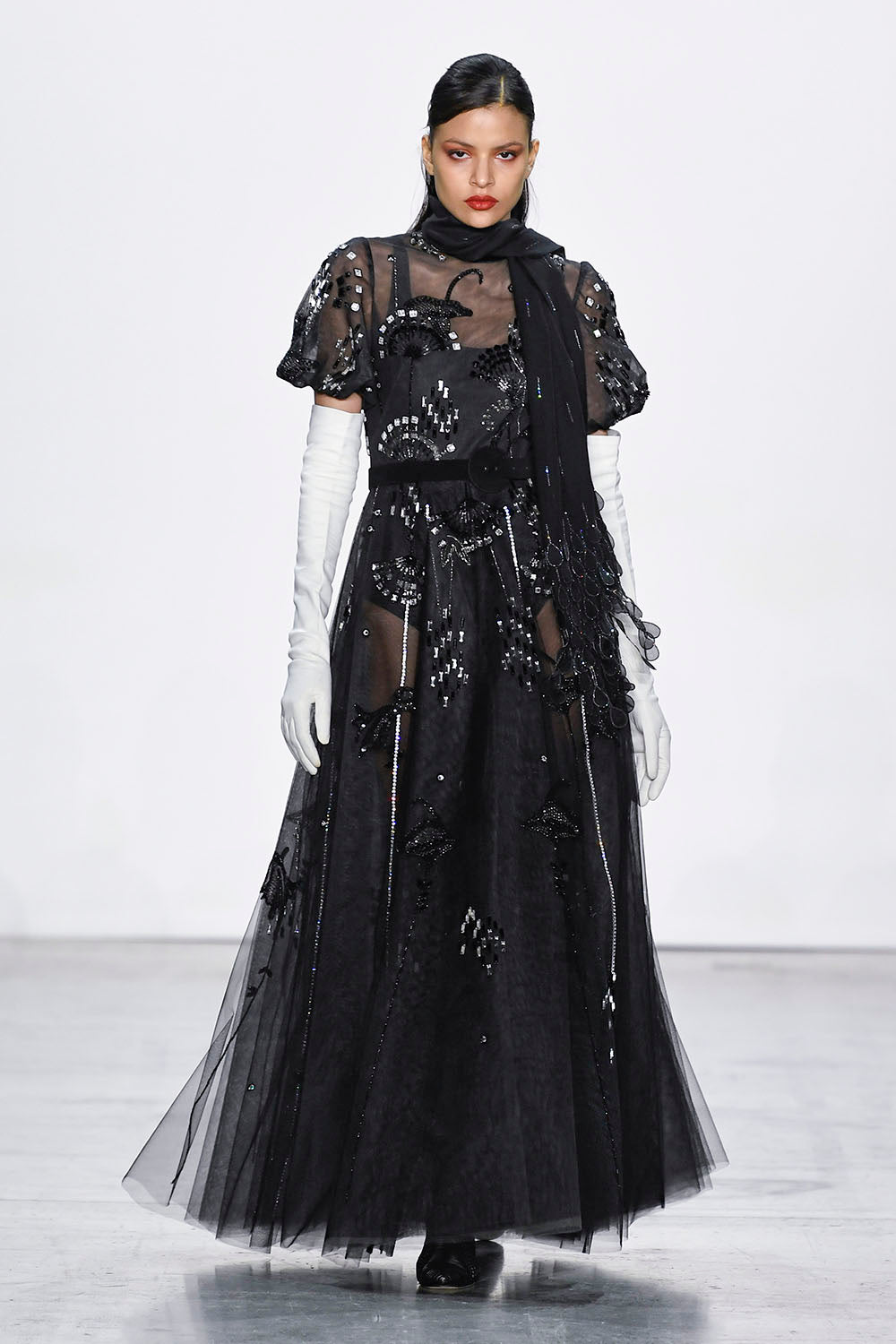 Onyx Deco Petal Embroidered Tulle Gown with Lantern Sleeves Onyx Deco Petal Embroidered Tulle Gown with Lantern Sleeves