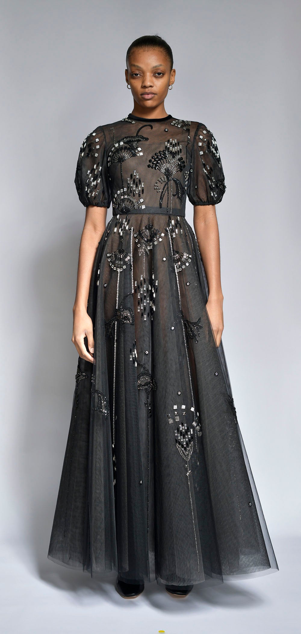 Onyx Deco Petal Embroidered Tulle Gown with Lantern Sleeves