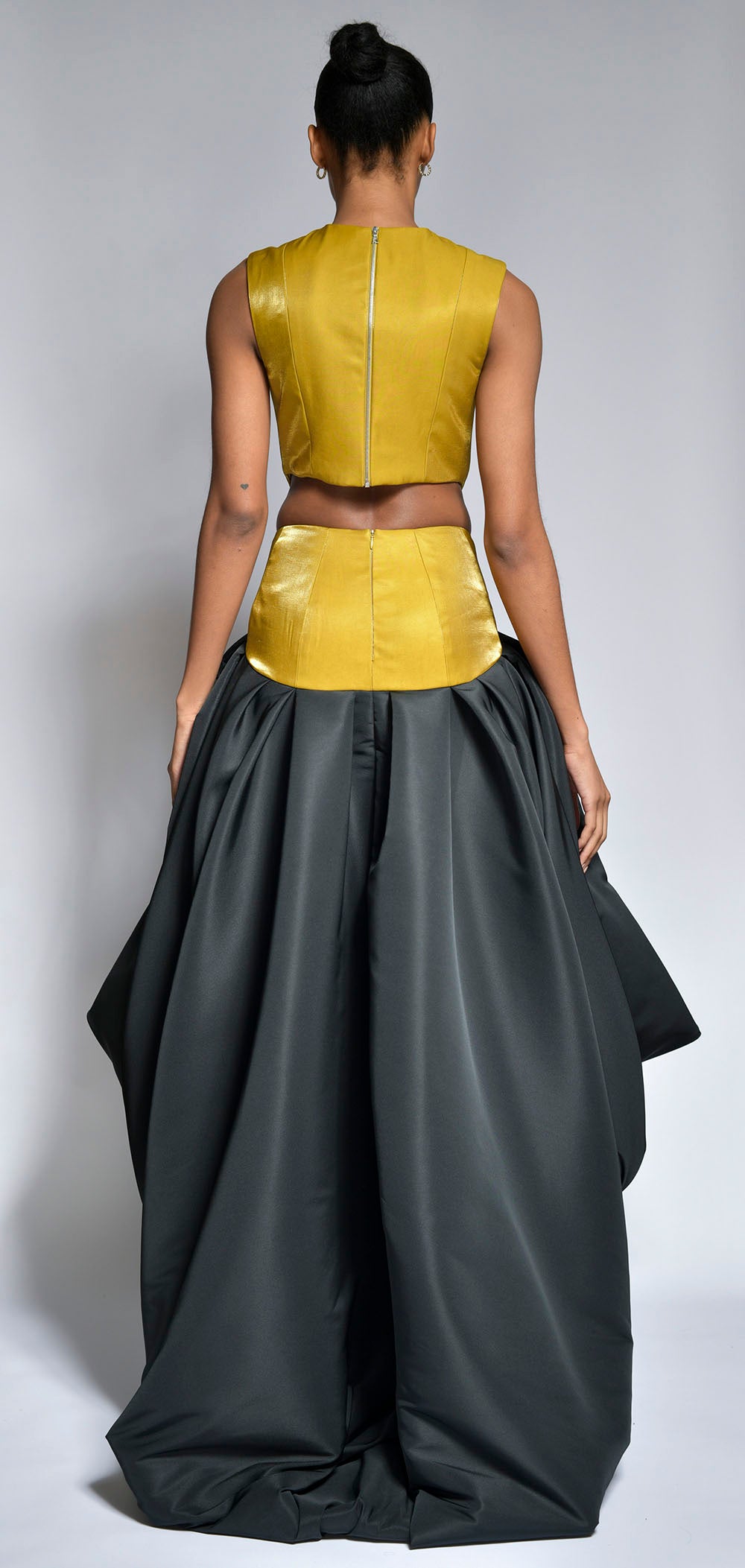 Chartreuse Metal Twill Gown with Onyx Faille Bloom Skirt