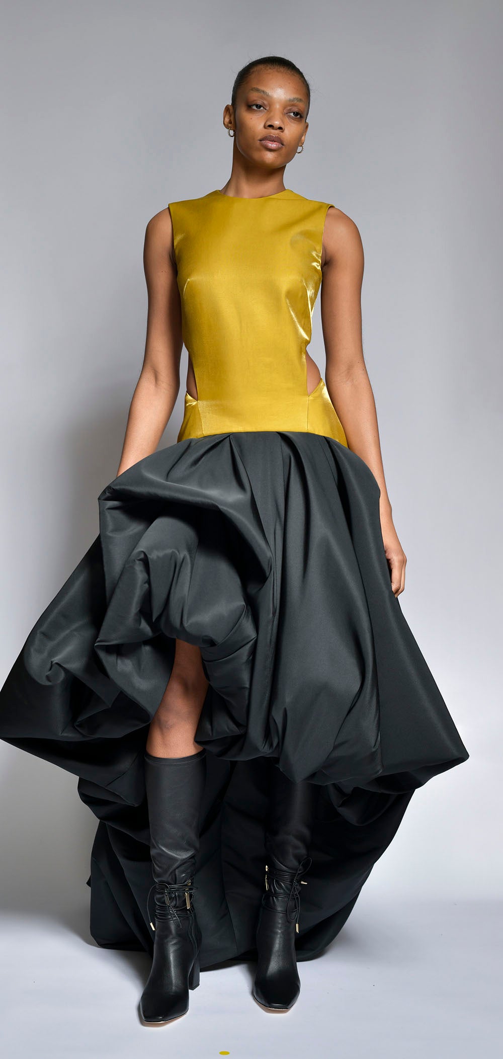 Chartreuse Metal Twill Gown with Onyx Faille Bloom Skirt