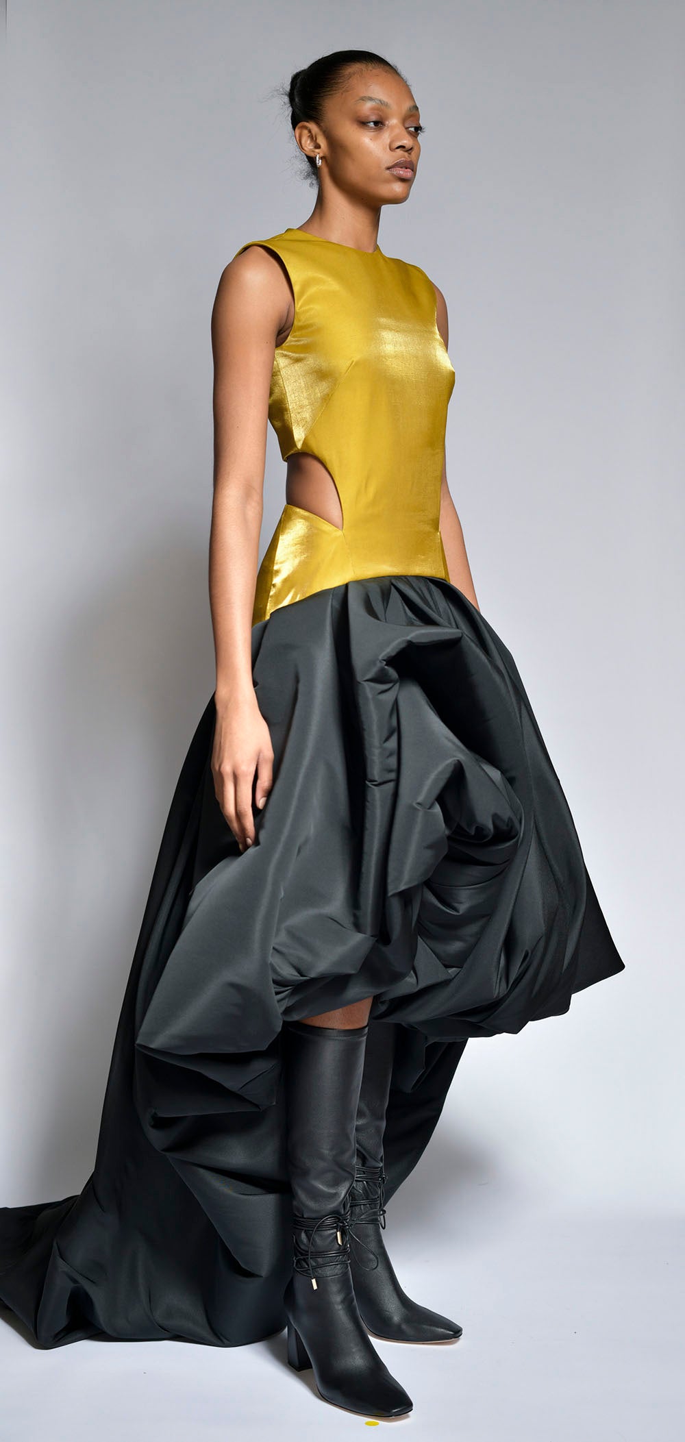 Chartreuse Metal Twill Gown with Onyx Faille Bloom Skirt