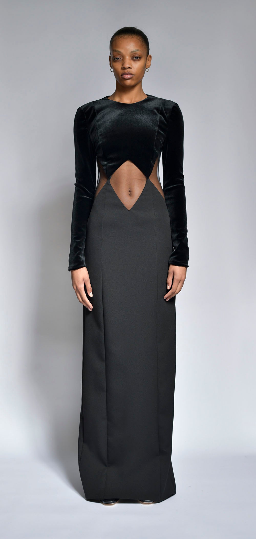 Onyx Velvet and Crepe Diamond cut out Gown