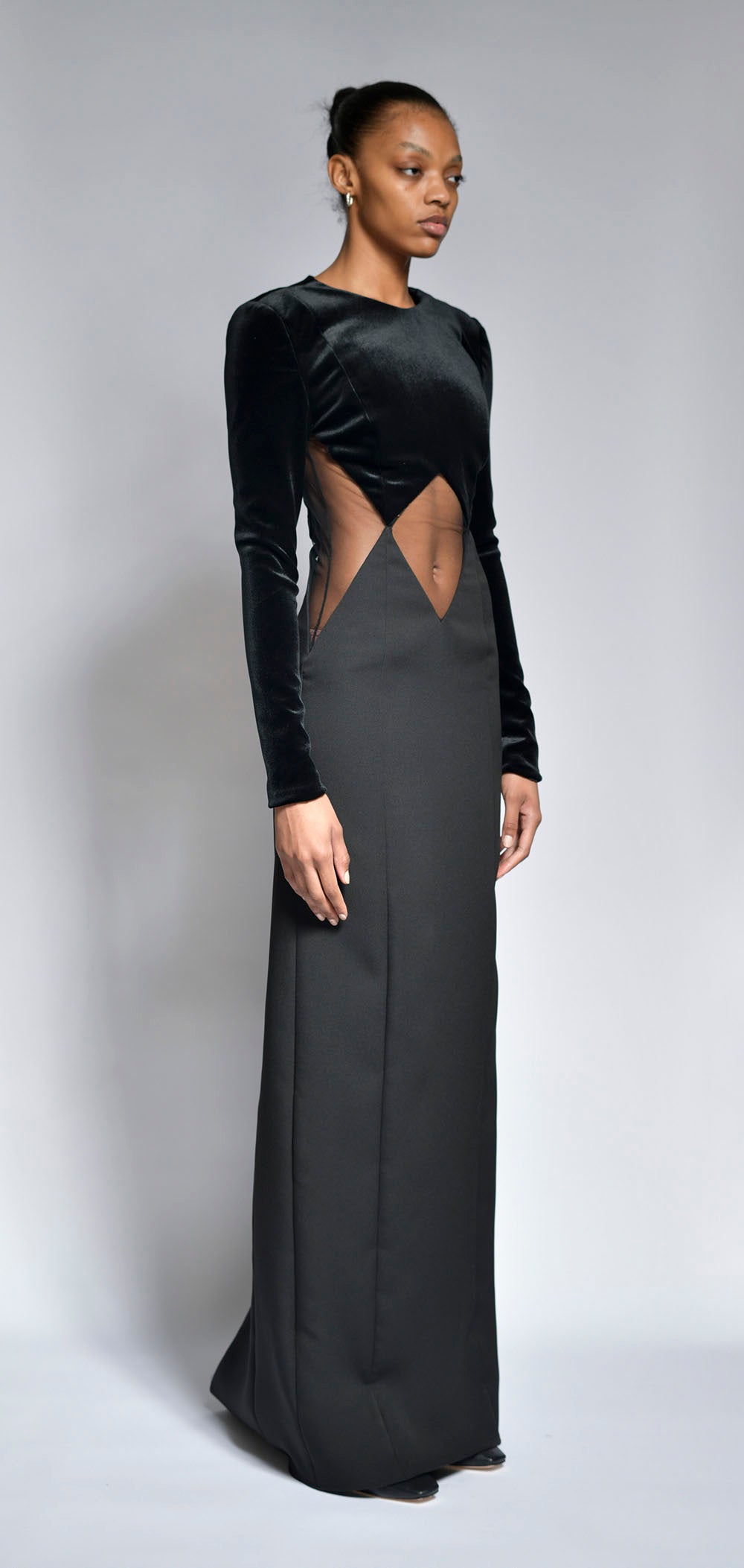 Onyx Velvet and Crepe Diamond cut out Gown