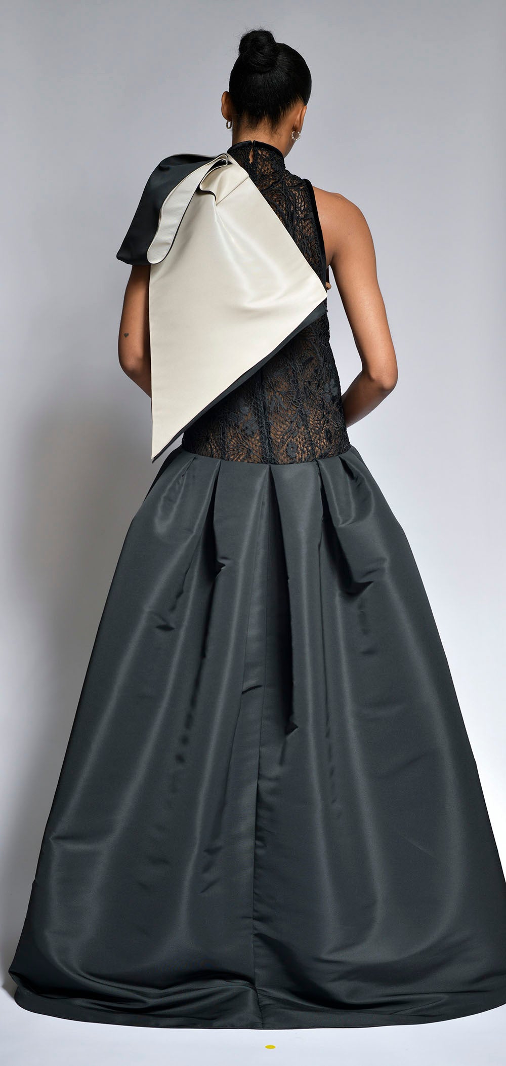 Onyx Cluny Lace Trapeze Gown with Faille Skirt and Bow Detail