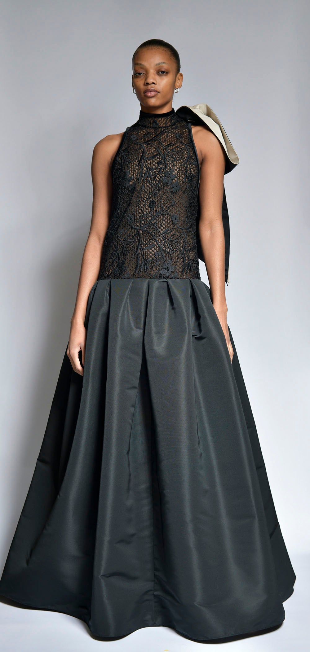 Onyx Cluny Lace Trapeze Gown with Faille Skirt and Bow Detail