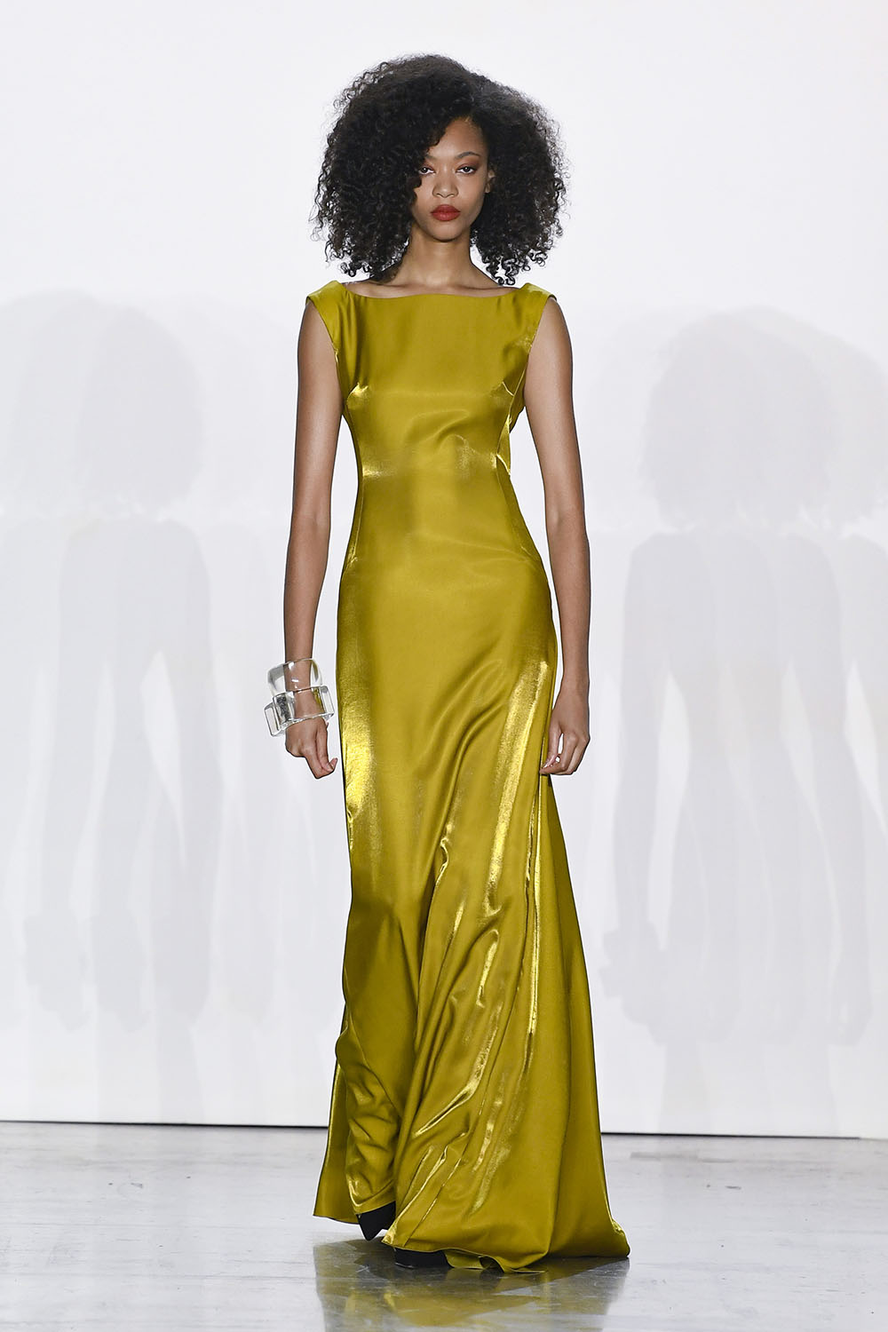 Chartreuse Metal Twill Gown with Open Back Detail