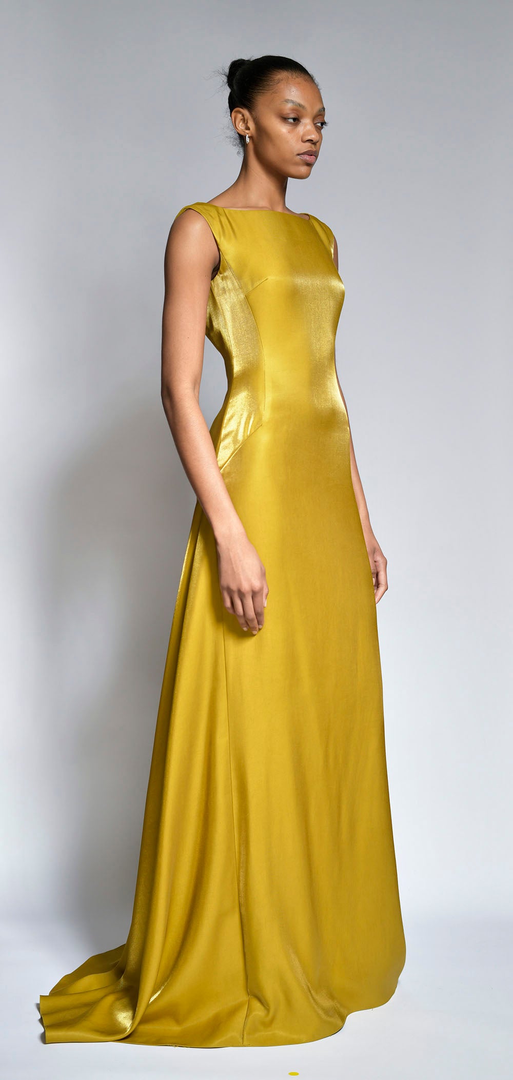 Chartreuse Metal Twill Gown with Open Back Detail