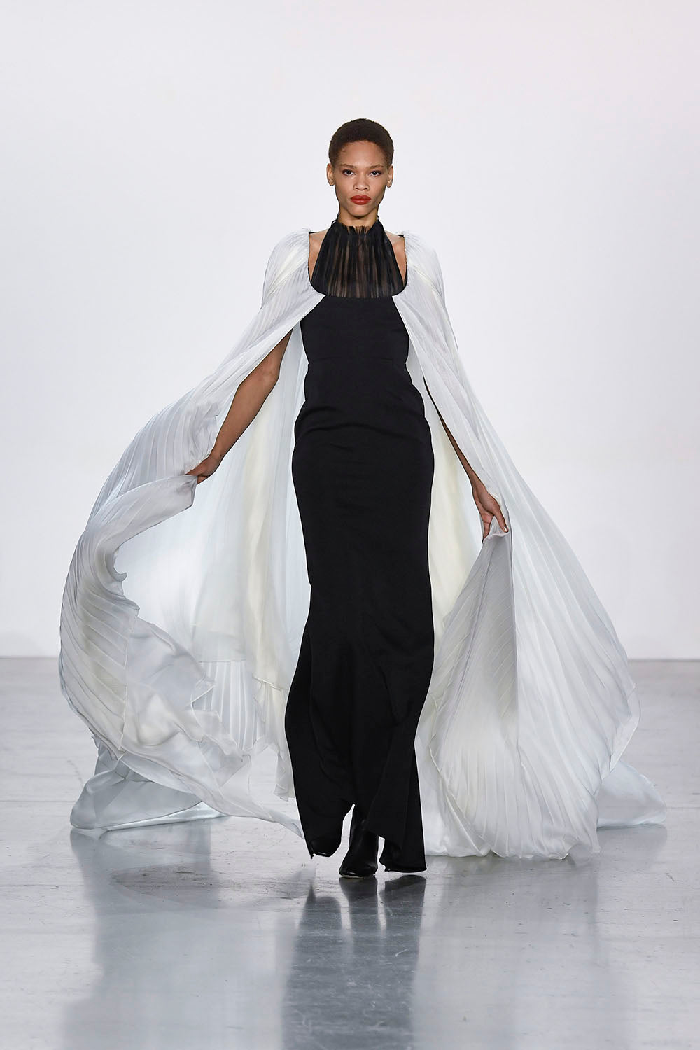 Onyx Cady Column Gown with Pleated Satin Chiffon Cape