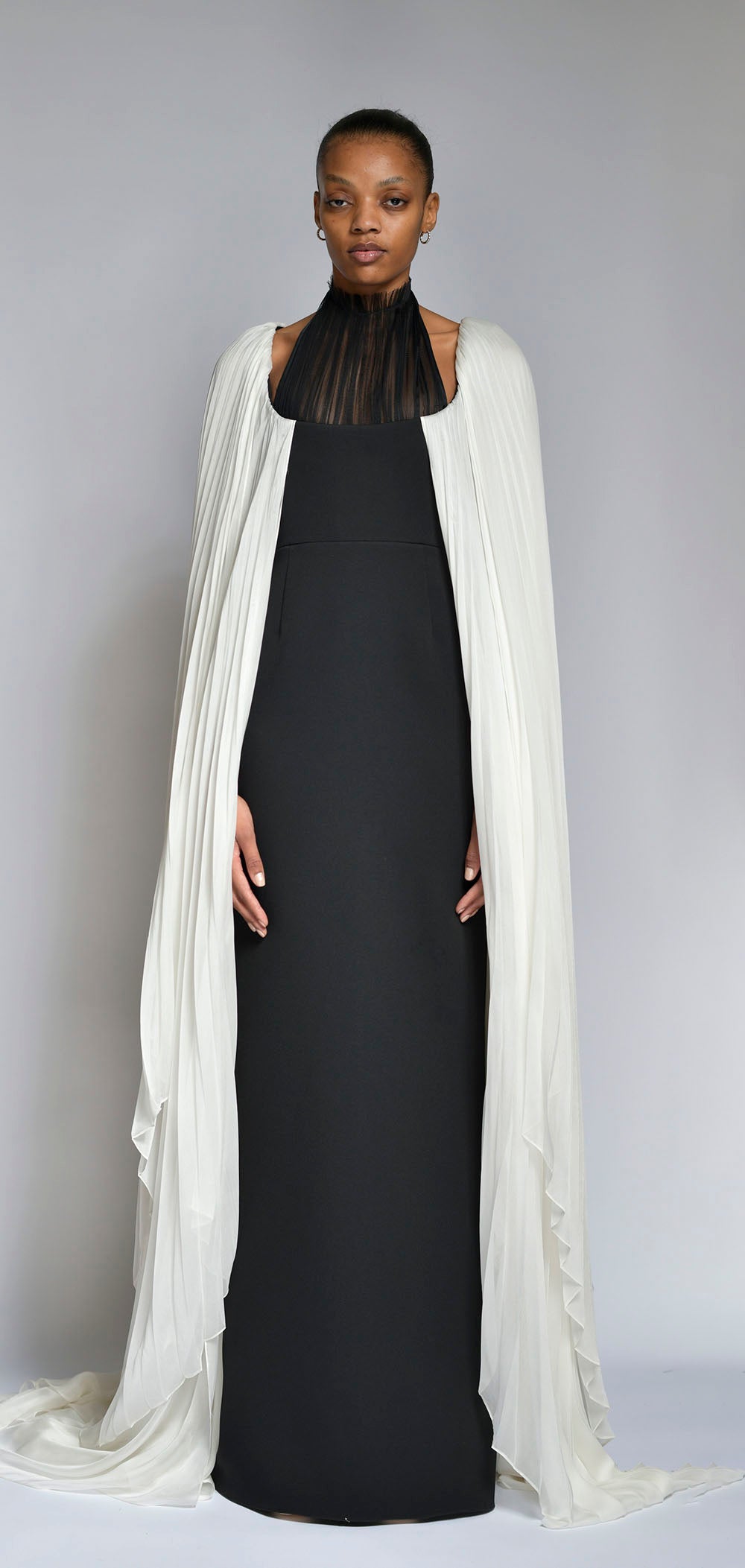 Onyx Cady Column Gown with Pleated Satin Chiffon Cape