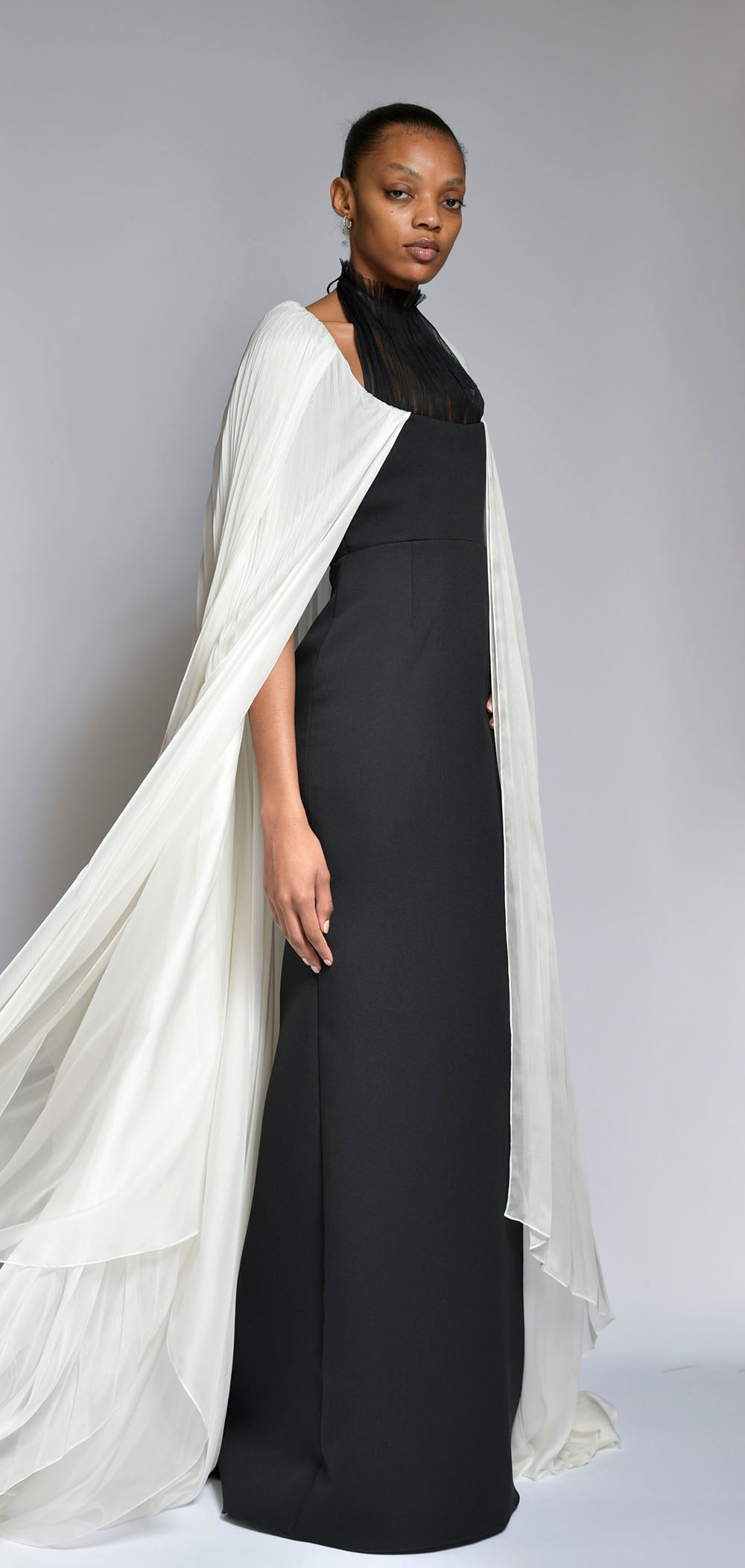 Onyx Cady Column Gown with Pleated Satin Chiffon Cape
