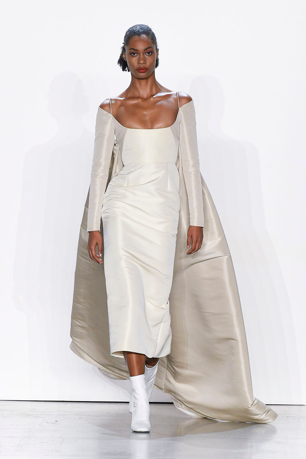 Ivory and Stone Faille Gown with Explosion Cape Drape