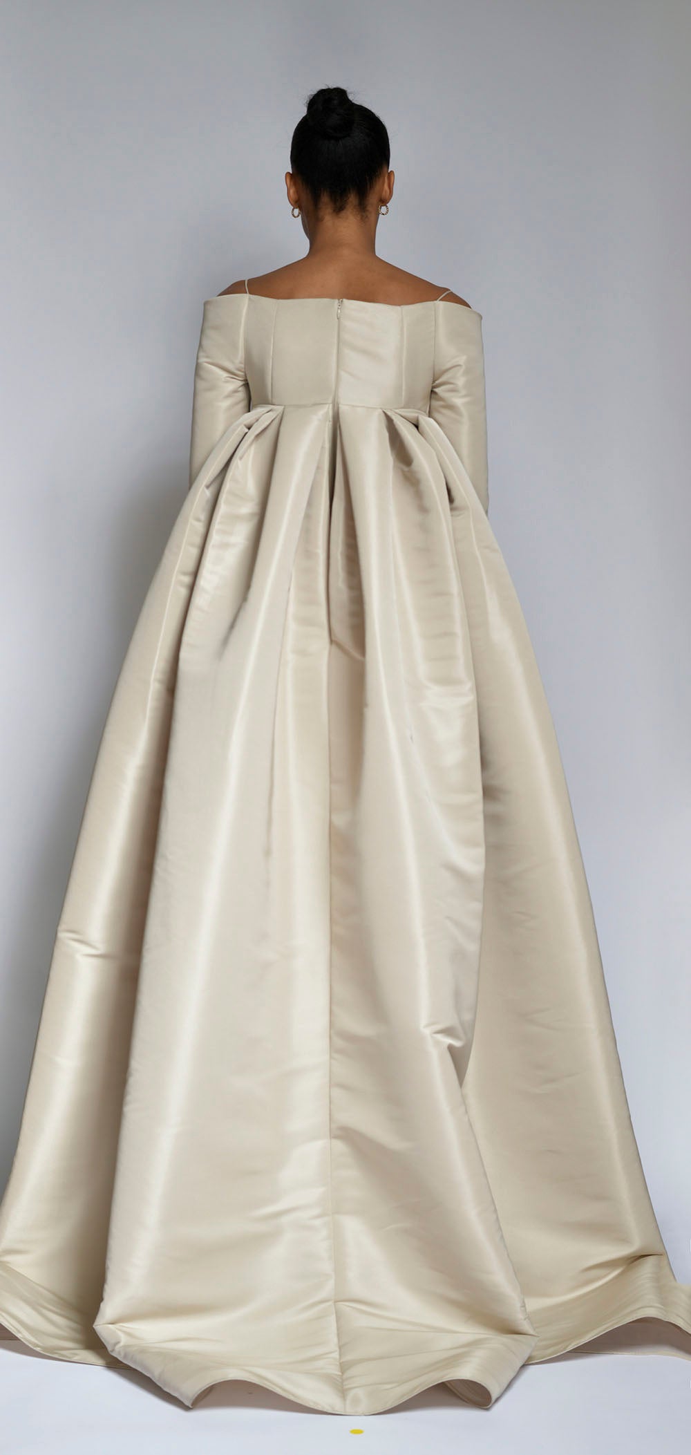 Ivory and Stone Faille Gown with Explosion Cape Drape