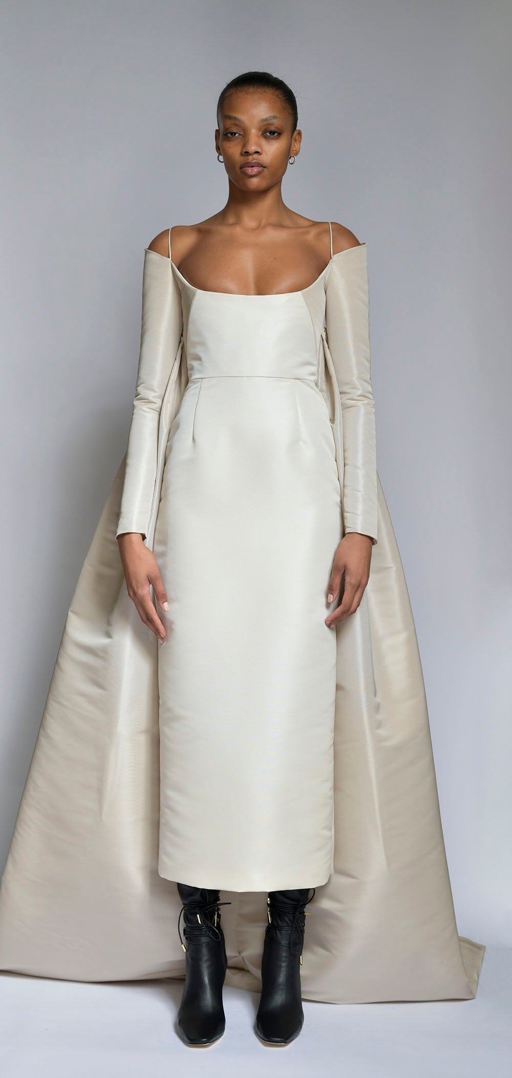 Ivory and Stone Faille Gown with Explosion Cape Drape