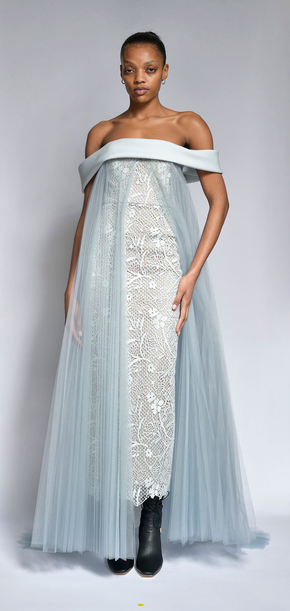 Cloud Cluny Lace and Cady Strapless Gown with Pleated Tulle