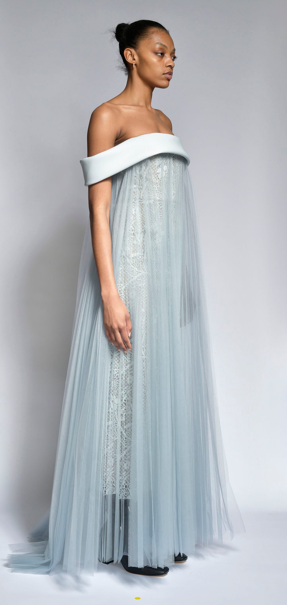 Cloud Cluny Lace and Cady Strapless Gown with Pleated Tulle