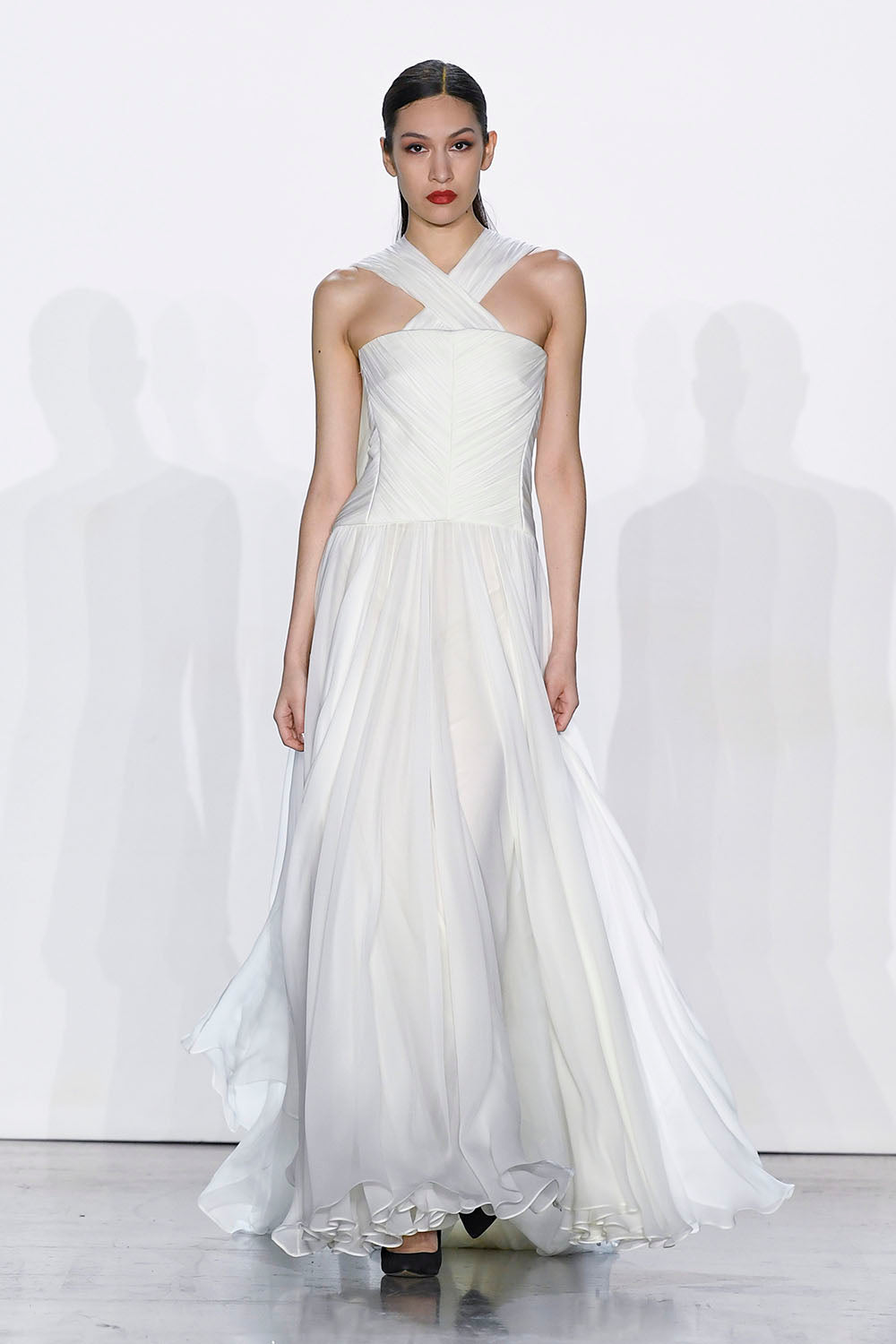 Ivory Hand Pleated Silk Chiffon Gown with Winged Cape