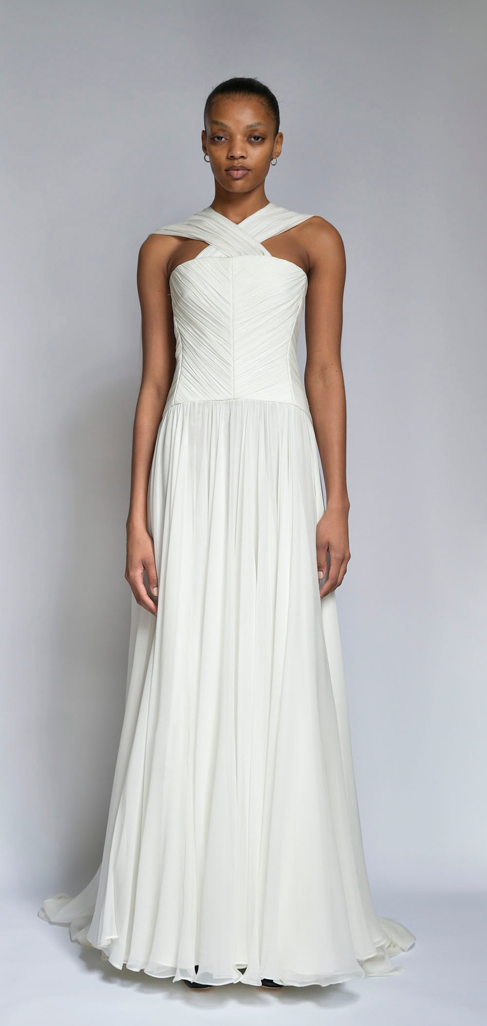 Ivory Hand Pleated Silk Chiffon Gown with Winged Cape