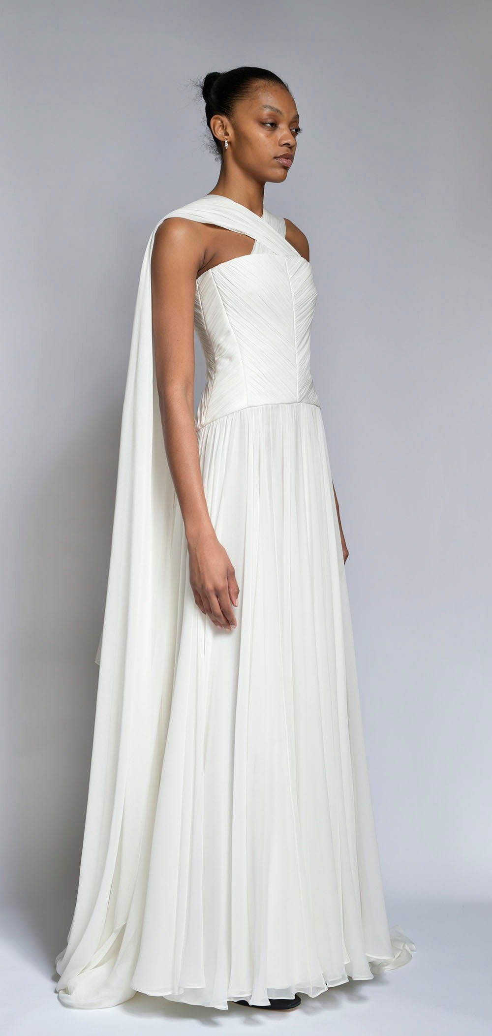 Ivory Hand Pleated Silk Chiffon Gown with Winged Cape