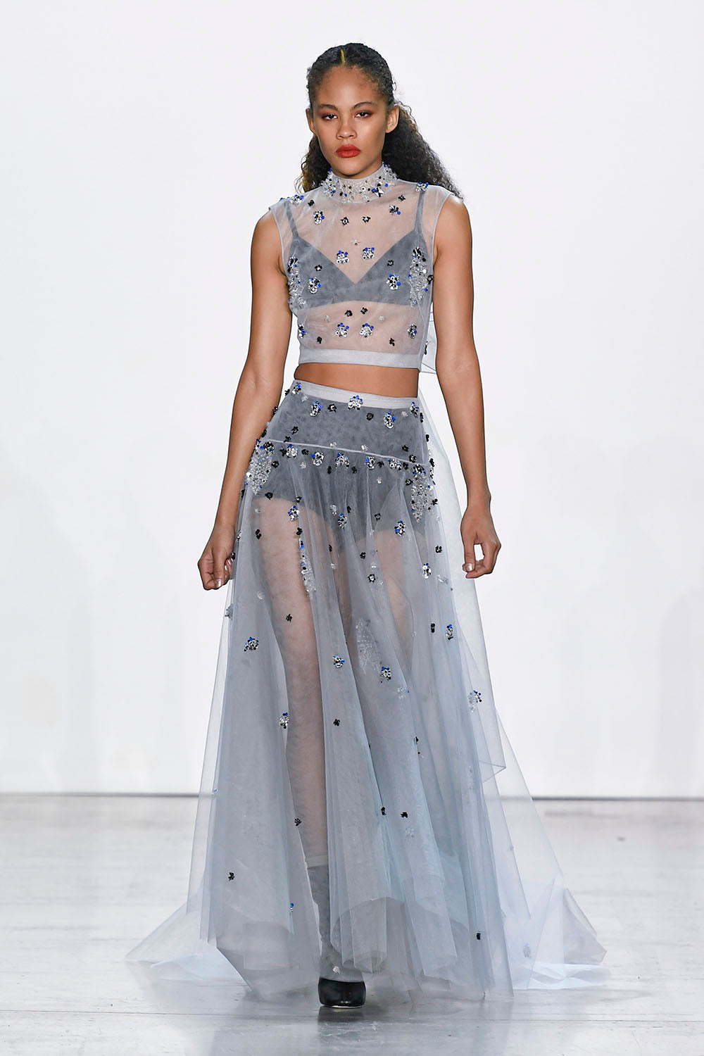 Cloud Comet Embroidered Tulle Lehenga Gown with Bow Detail