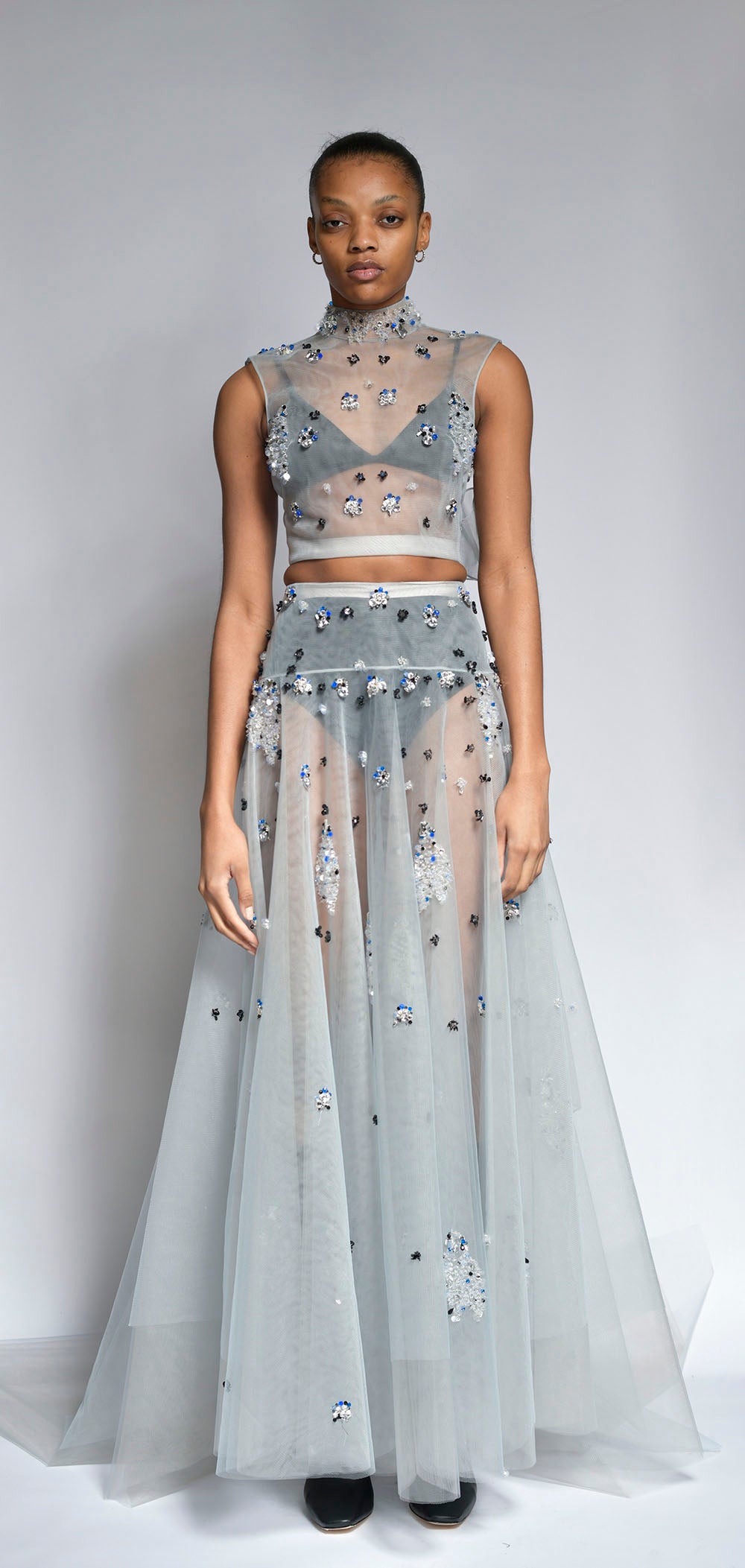 Cloud Comet Embroidered Tulle Lehenga Gown with Bow Detail