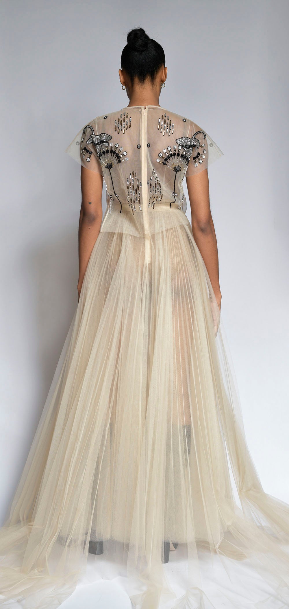 Deco Petal Embroidered Pleated Tulle Gown