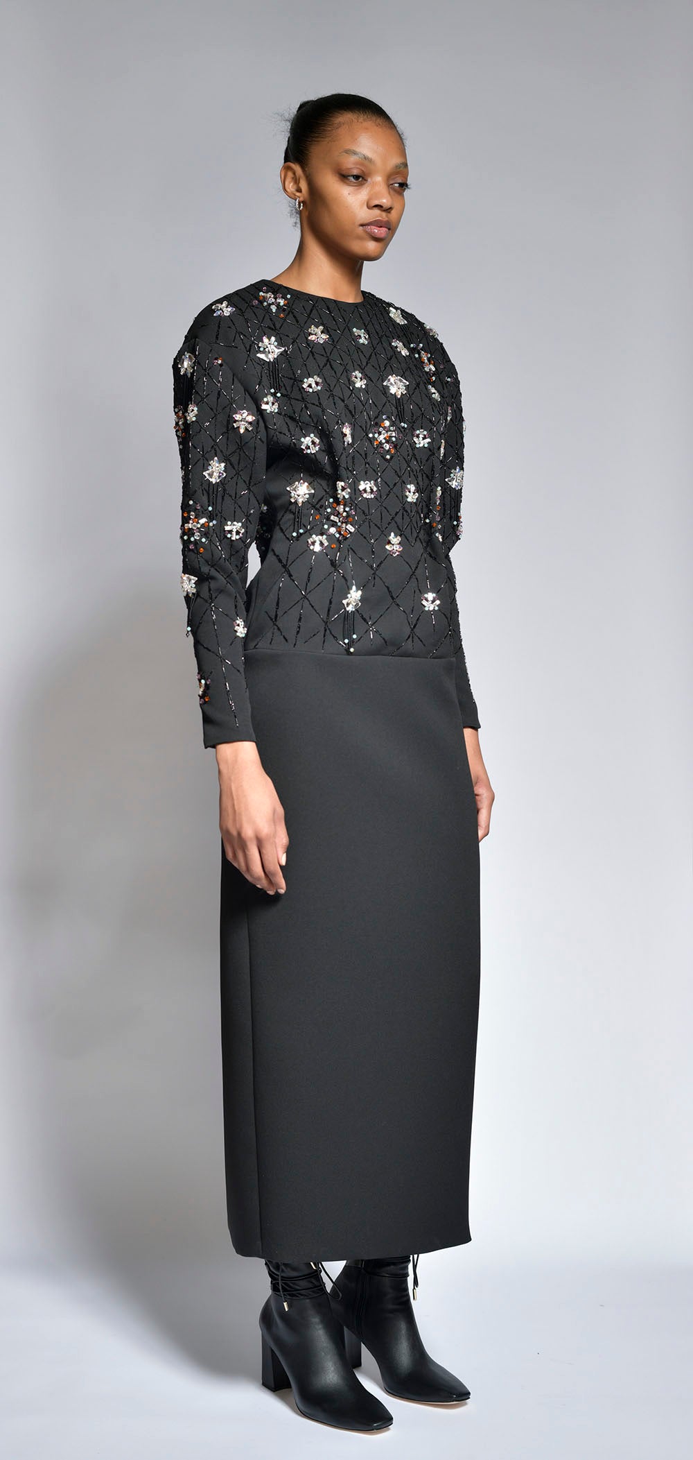 Onyx Crystal Lattice Embroidered Dress