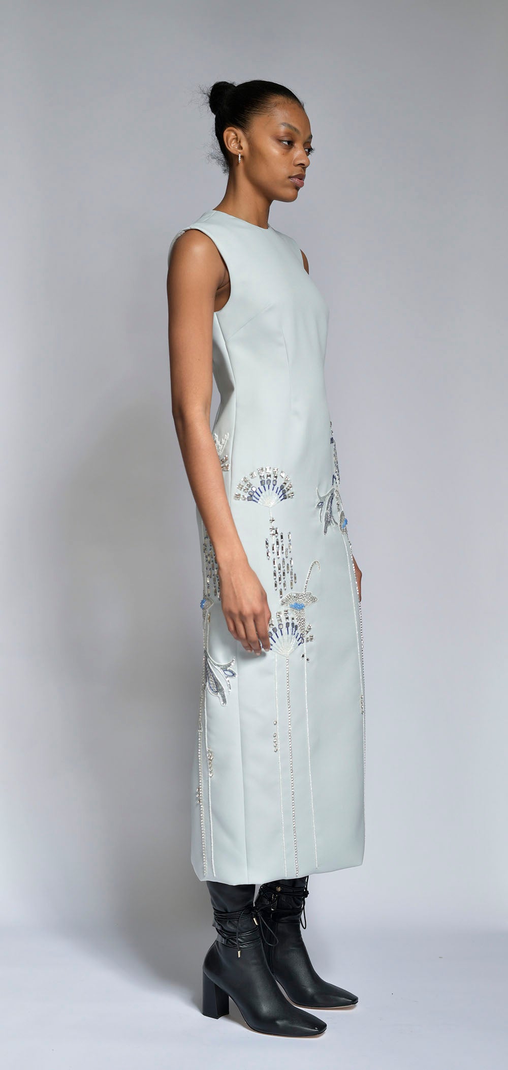 Deco Petal Embroidered Cloud Cady Sheath Dress