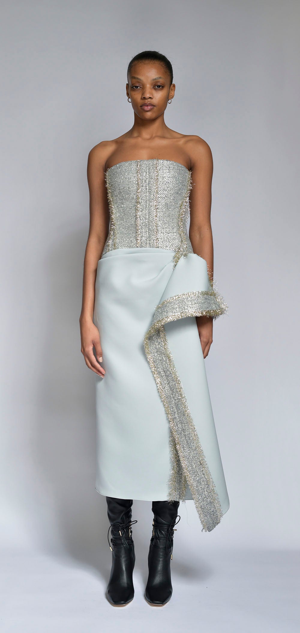Silver Blue Tweed and Cloud Cady Strapless Cocktail Dress